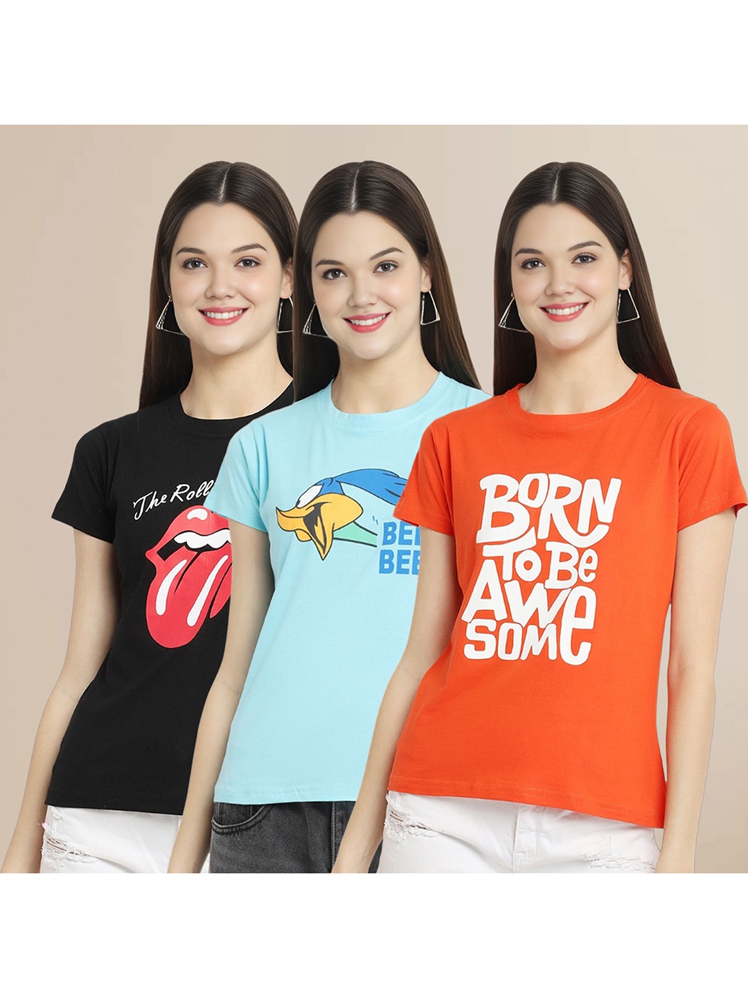 

Metronaut Women Pack Of 3 Graphic Printed Round Neck Cotton Looney Tunes T-shirts, Black