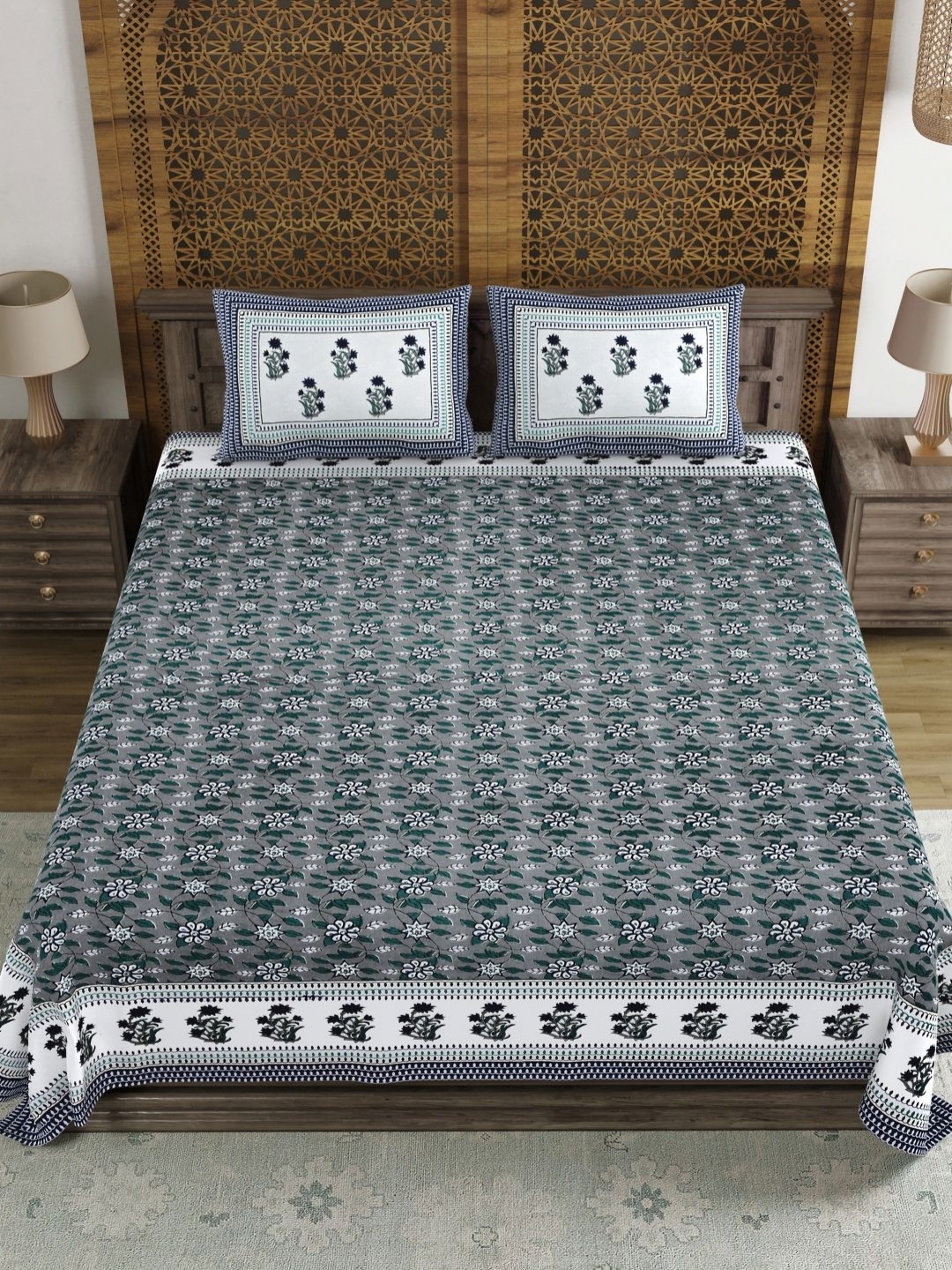 

BLOCKS OF INDIA Grey & White Ethnic Motifs 120 TC King Bedsheet Set 2.18 m x 2.64 m