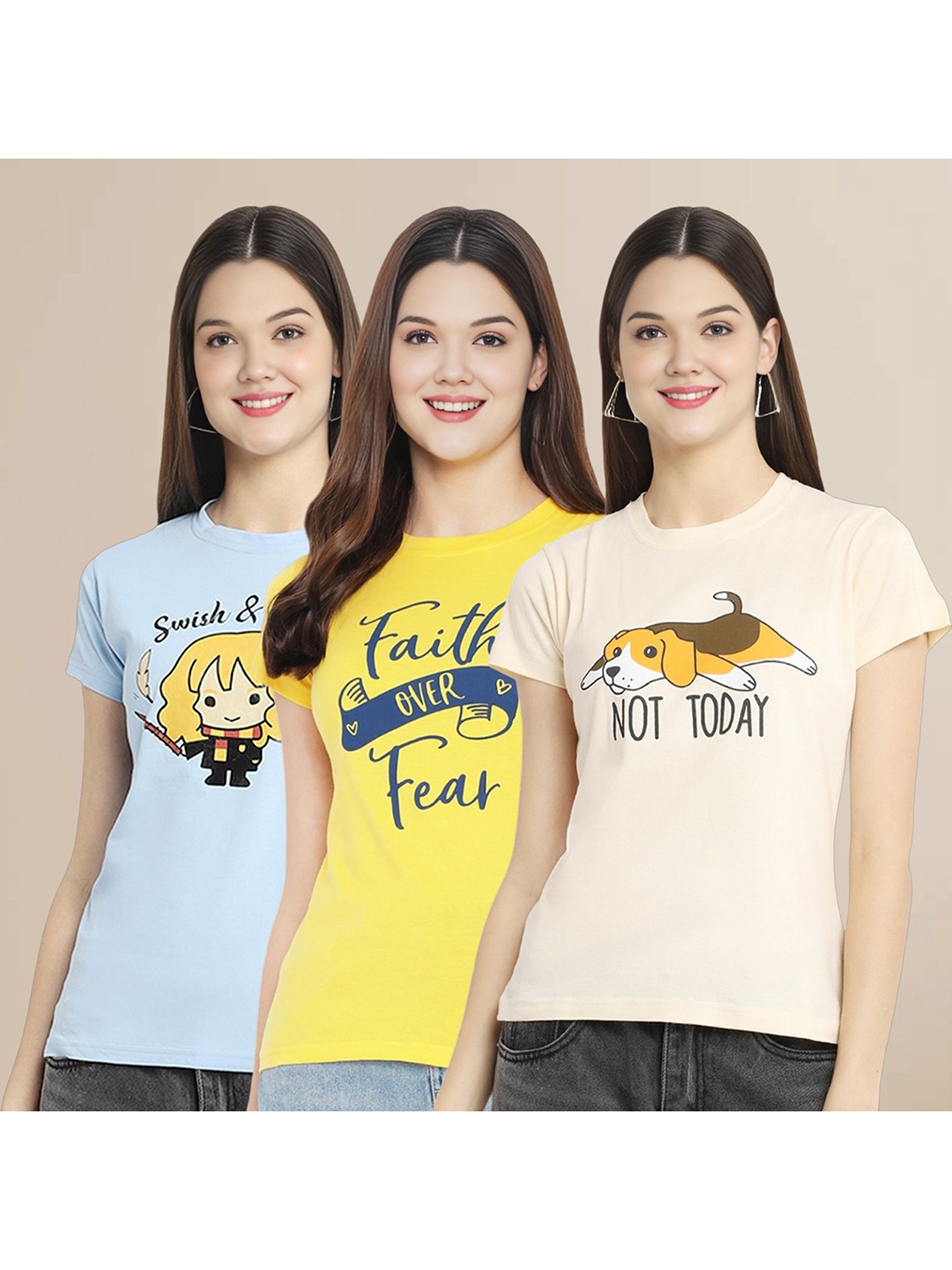 

Metronaut Women Pack Of 3 Typography Printed Round Neck Cotton T-shirts, Blue