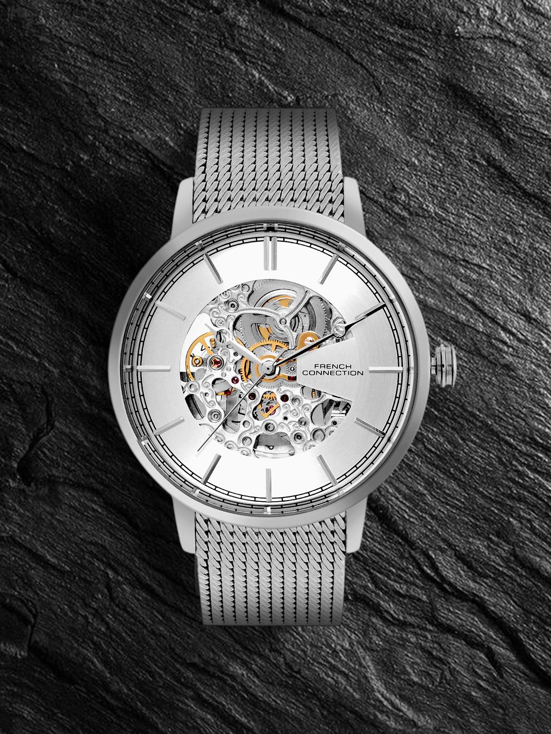 

French Connection Men Embellished Dial Bracelet Style Straps Analogue Automatic Watch, Silver