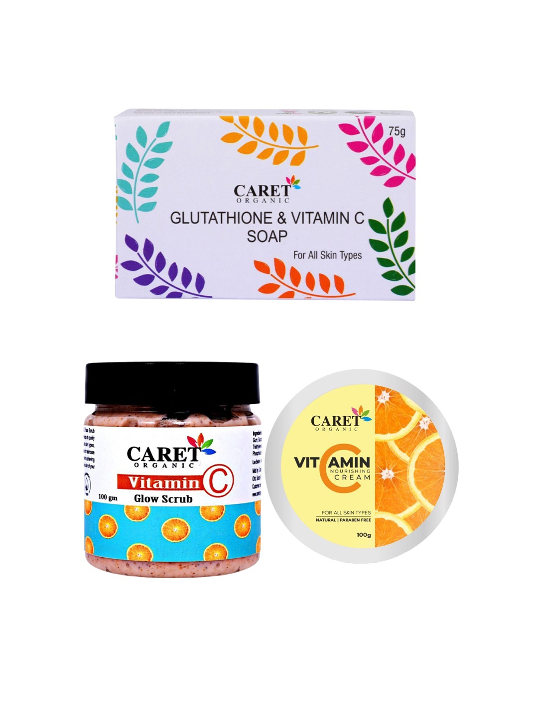 

CARET ORGANIC Set Of 3 Vitamin C Soap With Vitamin C Glow Scrub & Vitamin C Cream, White