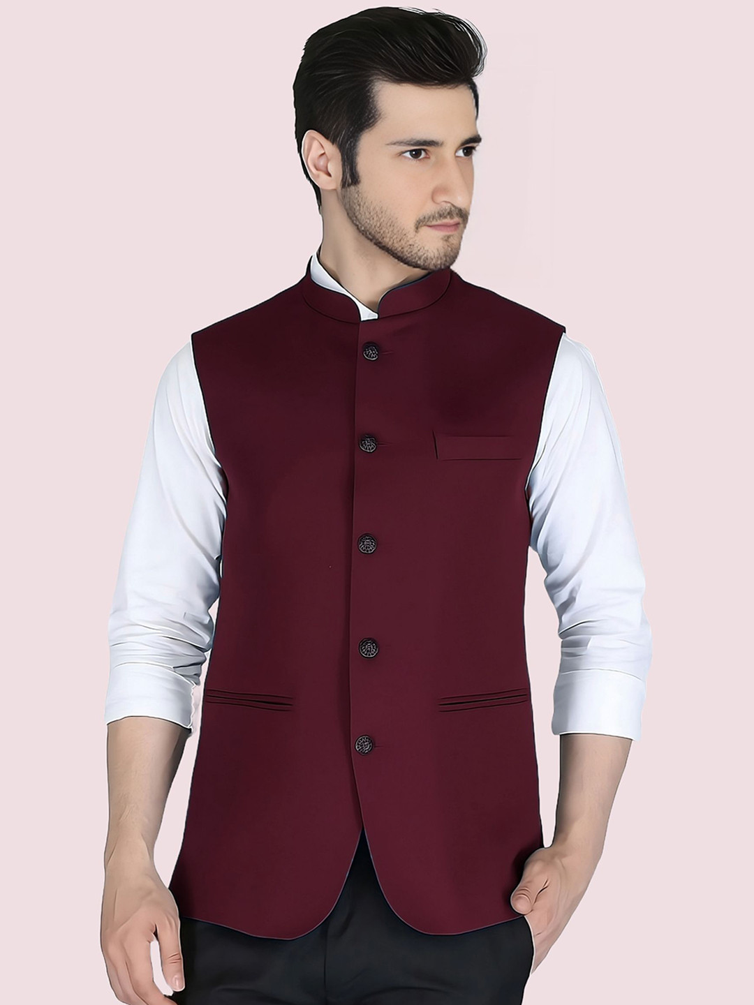 

BAESD Mandarin Collar Satin Nehru Jacket, Maroon