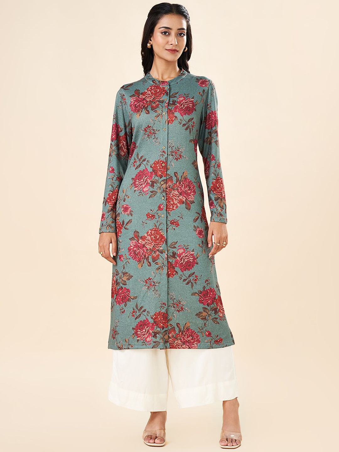 

RANGMANCH BY PANTALOONS Floral Printed Thread Work Mandarin Collar Straight Kurta, Turquoise blue