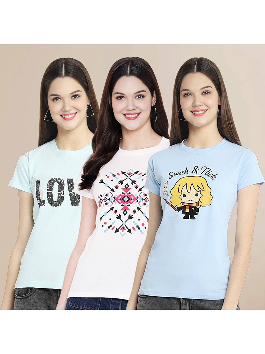 

Metronaut Women Pack Of 3 Typography Printed Round Neck Cotton T-shirts, Blue