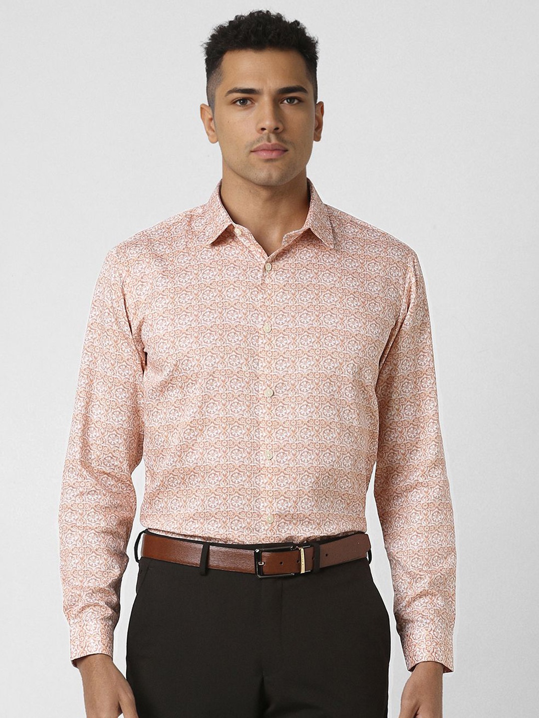 

V Dot Men Spread Collar Floral Printed Cotton Slim Fit Formal Shirt, Peach