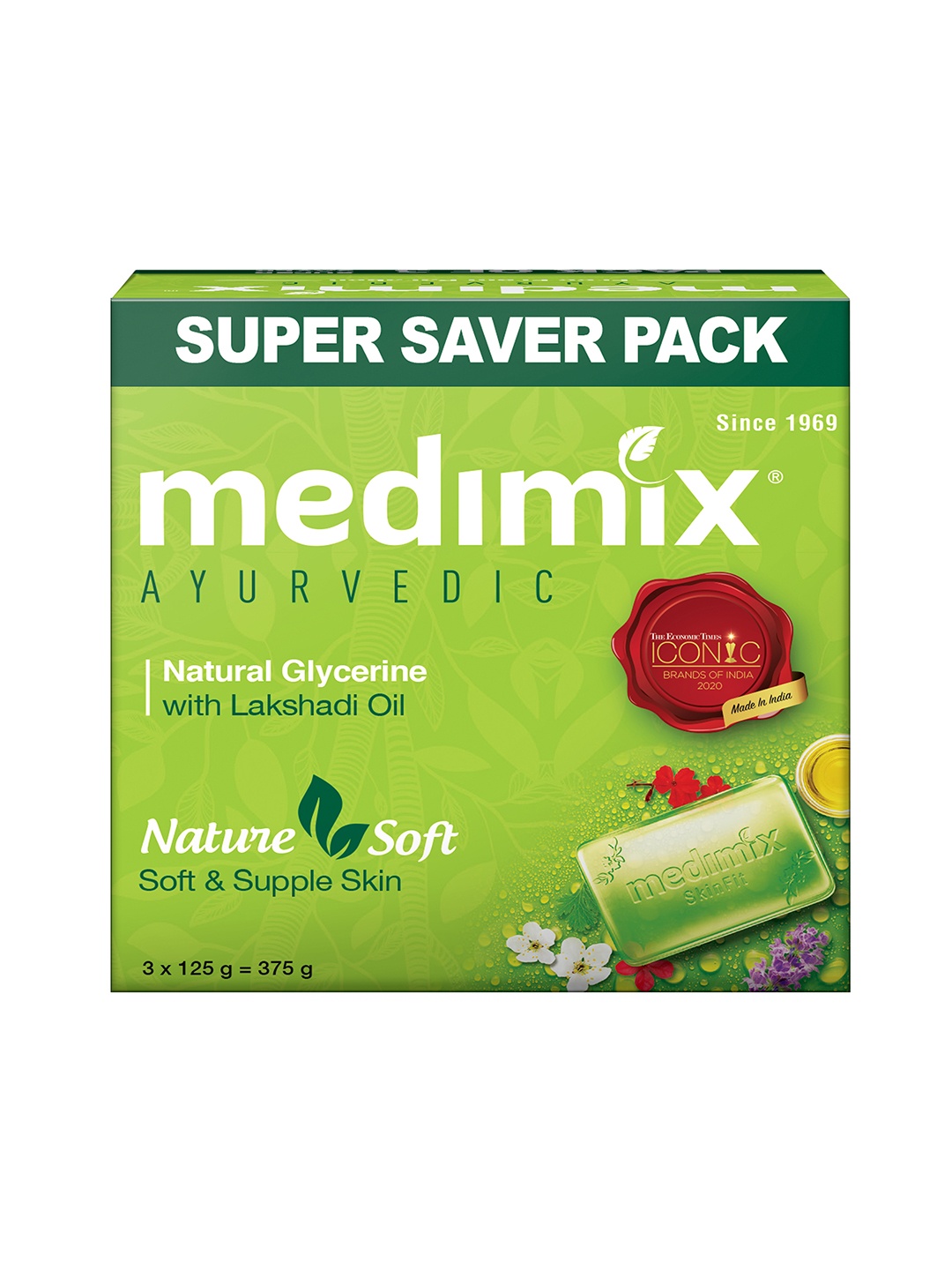 

medimix AYURVEDIC Set of 3 Natural Glycerine Bathing Bar with Lakshadi Oil - 125 g each, Green
