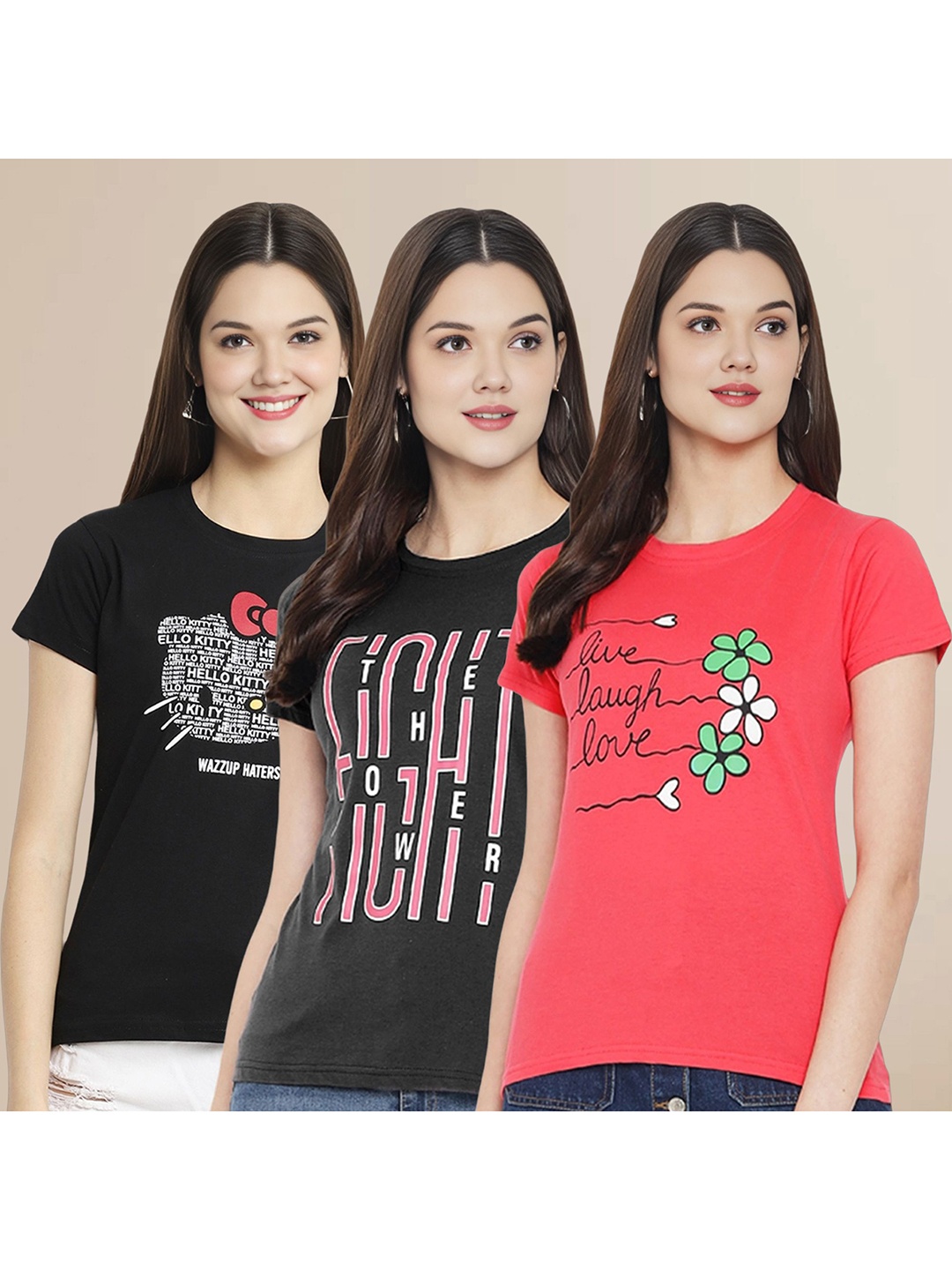 

Metronaut Women Pack Of 3 Typography Printed Round Neck Cotton T-shirts, Black