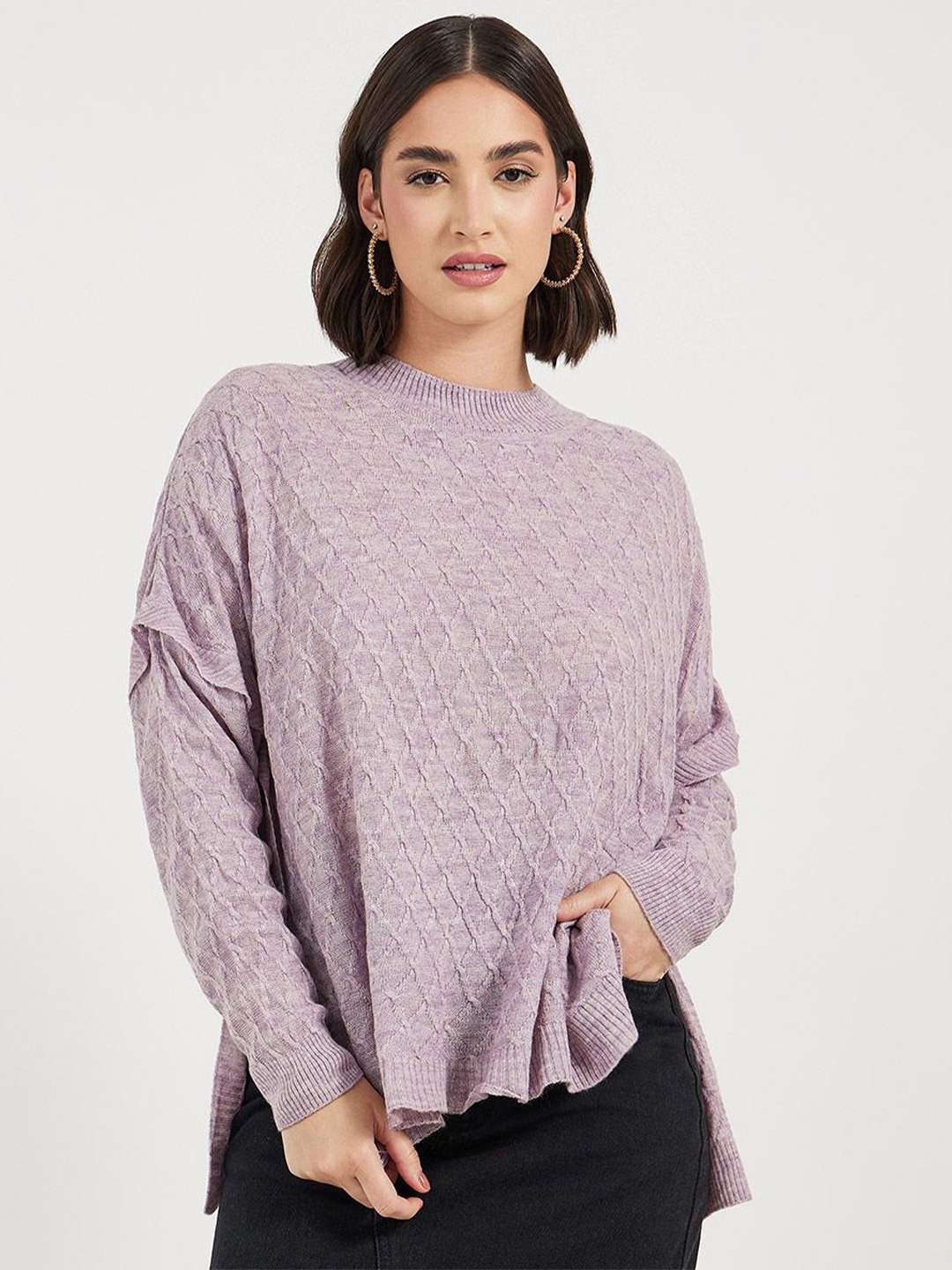

Styli Boxy Fit Textured Acrylic Longline Pullover Sweater, Purple