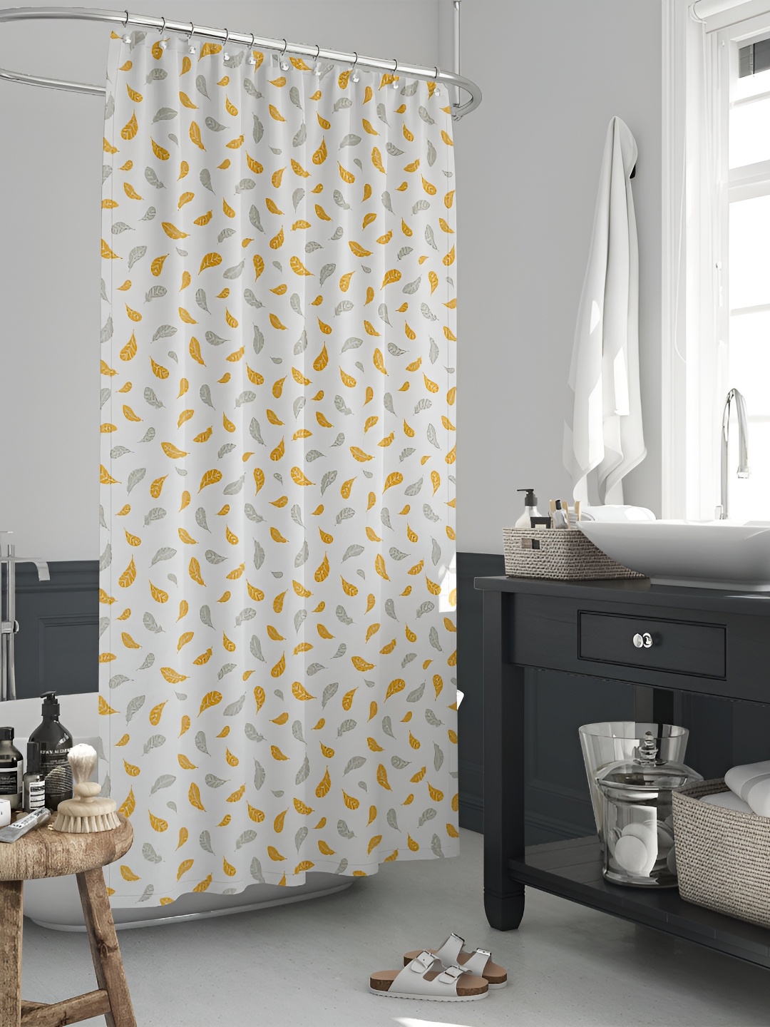 

ArtzFolio White & Yellow Printed Waterproof Shower Curtain