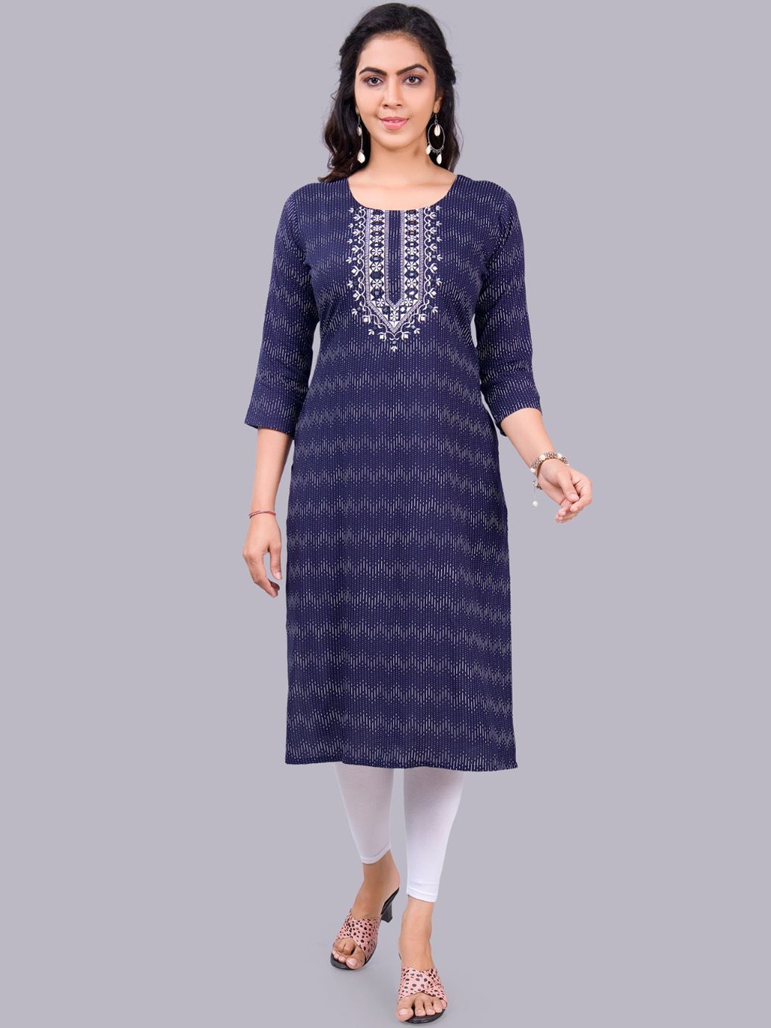 

EliteZilla Round neck Chevron Printed Mirror Work Straight Kurta, Navy blue