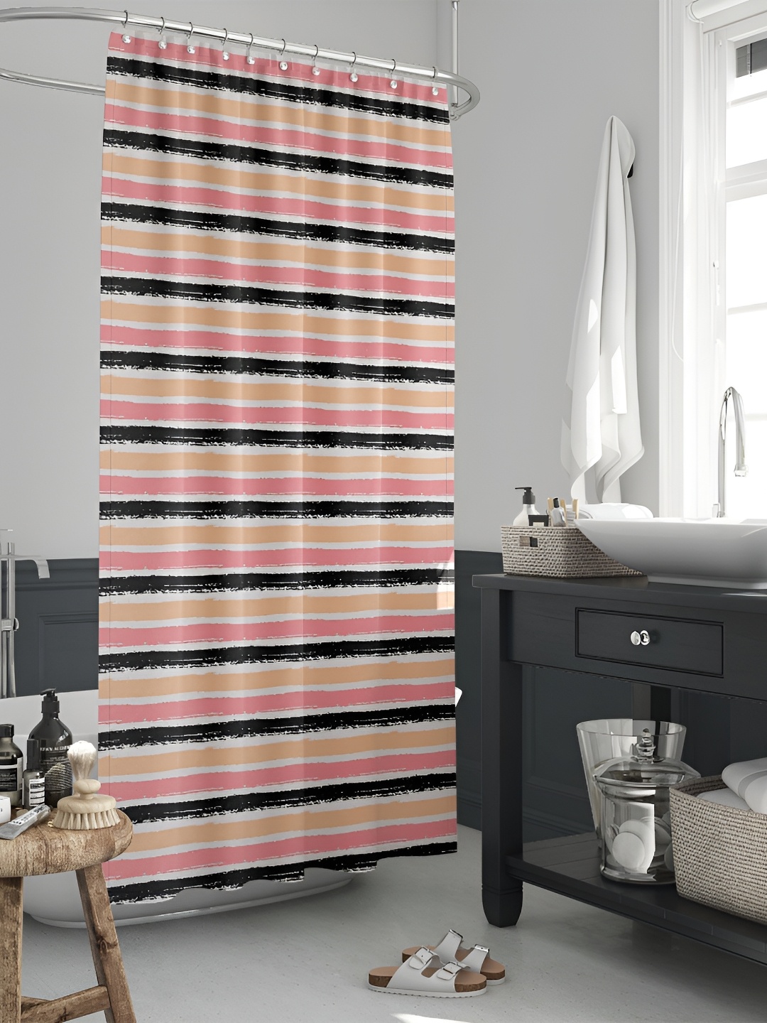 

ArtzFolio Black & Pink Striped Waterproof Shower Curtain