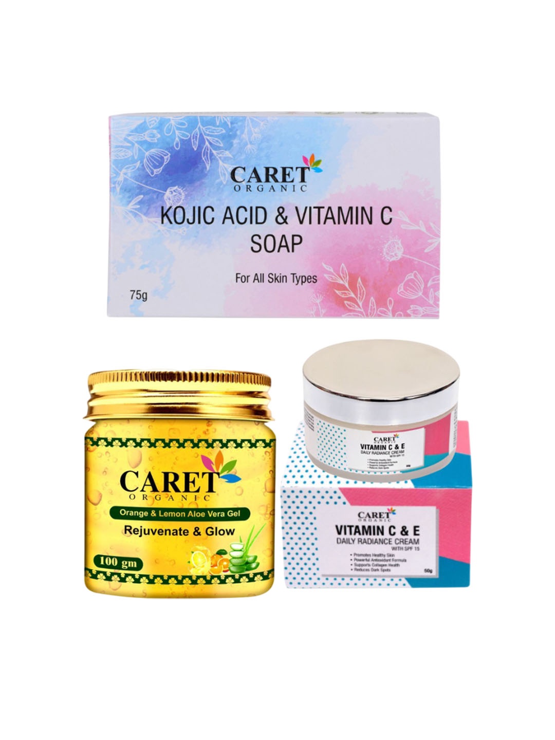 

CARET ORGANIC Set Of 3 Kojic Acid Soap With Aloevera Gel & Daily Radiance Cream, White
