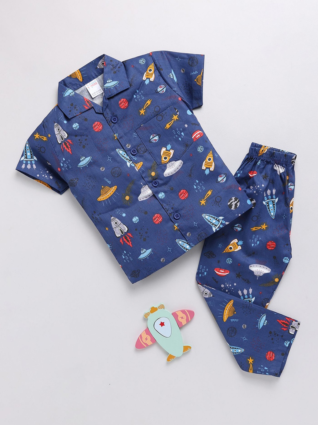 

NAUTI KIDZ Boys Pure Cotton Printed Shirt Collar Short Sleeves Night suit, Blue