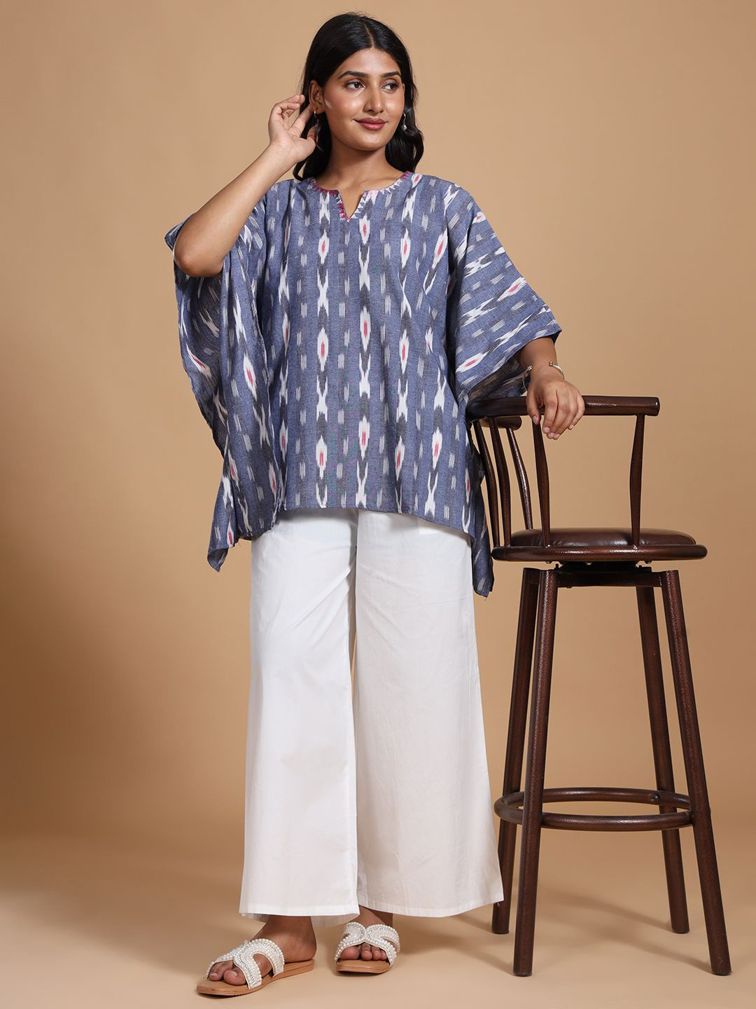 

THE WEAVE TRAVELLER Women Ethnic Motifs Printed Cotton Kaftan Top, Grey