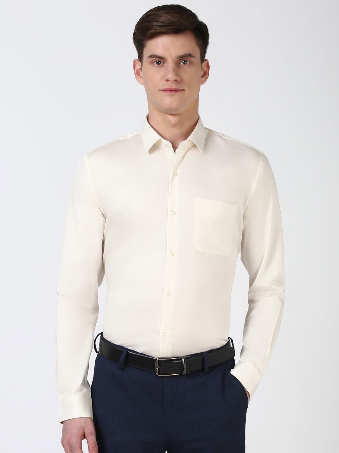 

Peter England Men Spread Collar Solid Cotton Slim Fit Casual Shirt, Cream