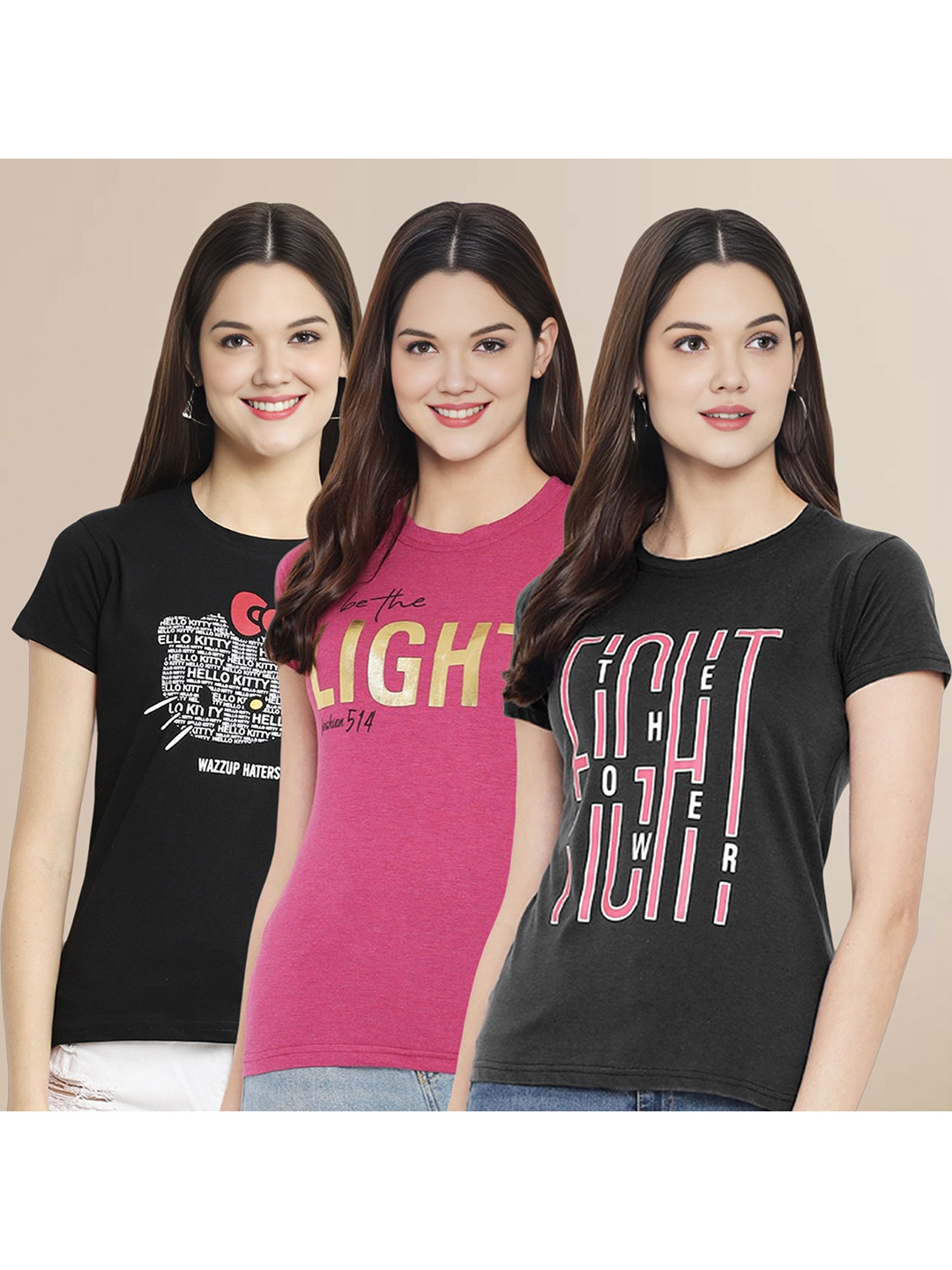 

Metronaut Women Pack Of 3 Typography Printed Round Neck Cotton T-shirts, Black