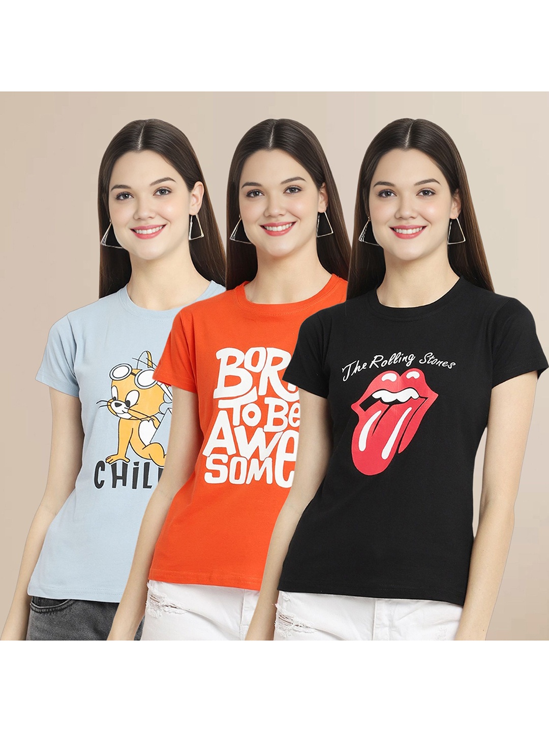 

Metronaut Women Pack Of 3 Graphic Printed Round Neck Cotton Tom & Jerry T-shirts, Blue