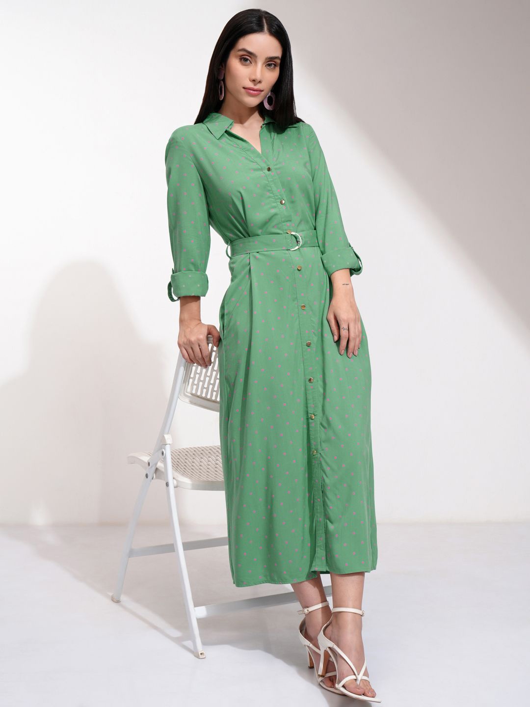 

Tokyo Talkies Women Polka Dot Printed Shirt Midi Dress, Teal