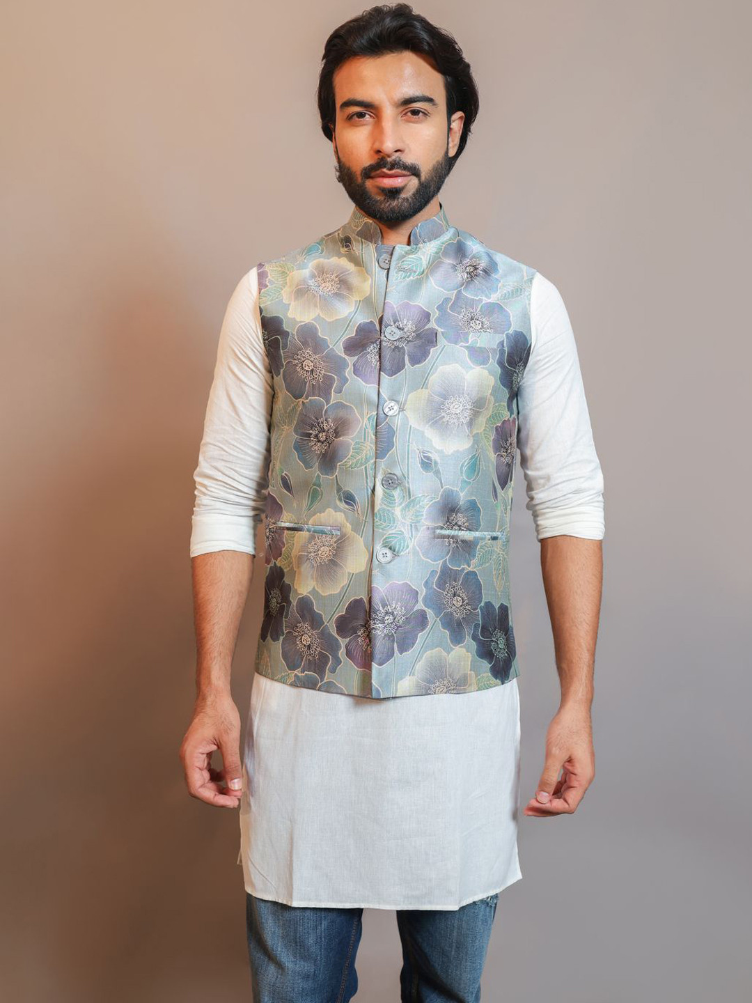 

Vastraa Fusion Printed Nehru Jacket, Grey