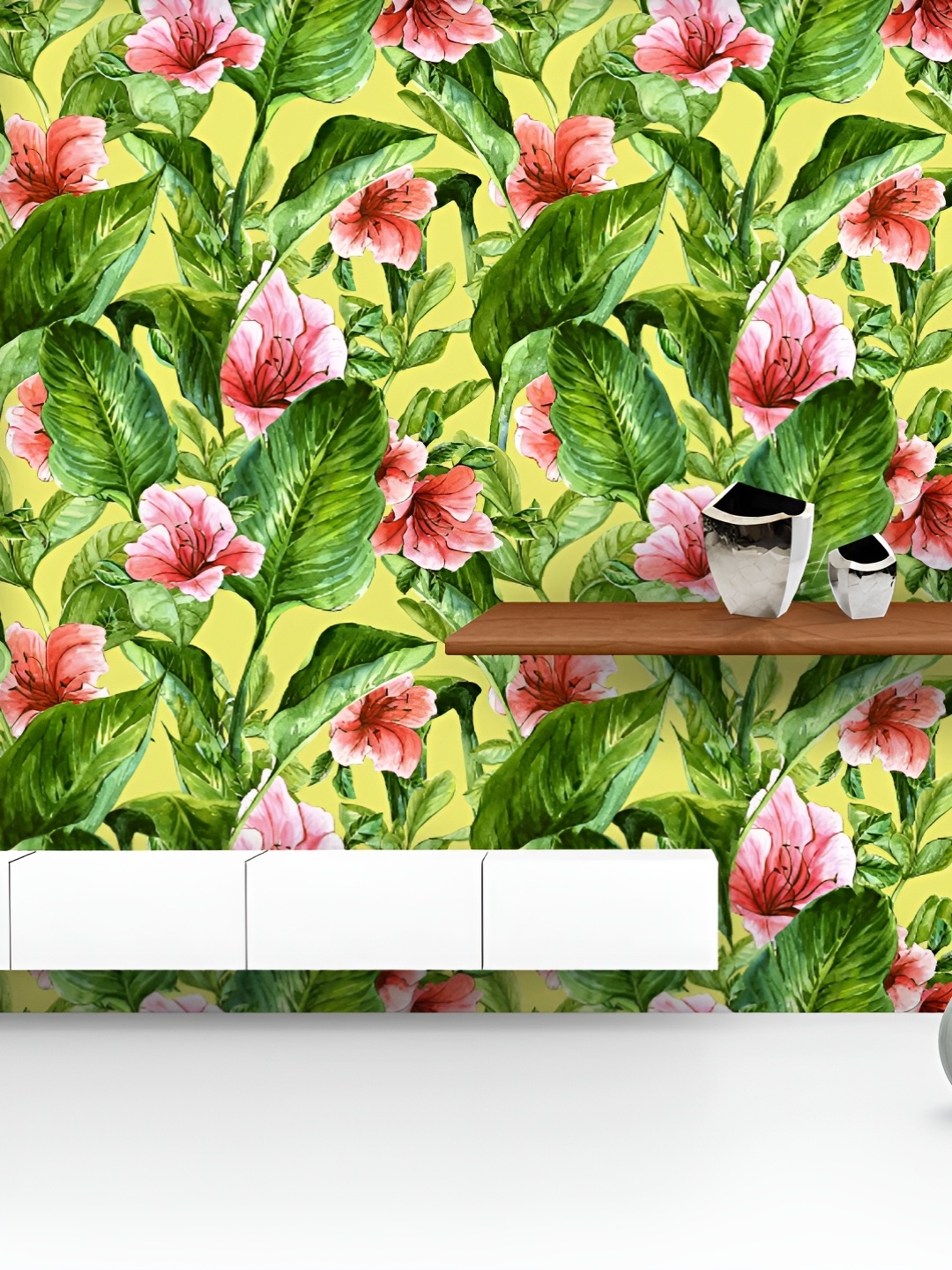 

ArtzFolio Printed UV-Resistant Anti-Bacterial Tropical Leaves Hibiscus Flowers Peel & Stick Wallpaper, Multi