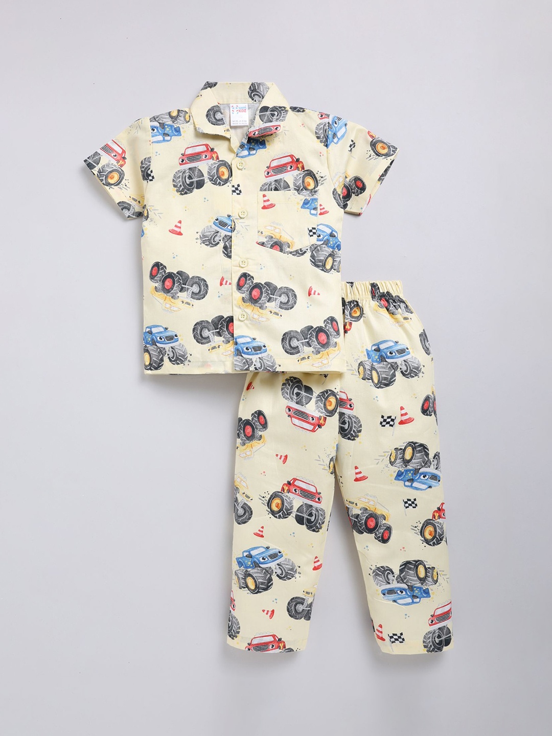 

NAUTI KIDZ Boys Pure Cotton Shirt Collar Printed Night Suit, Yellow