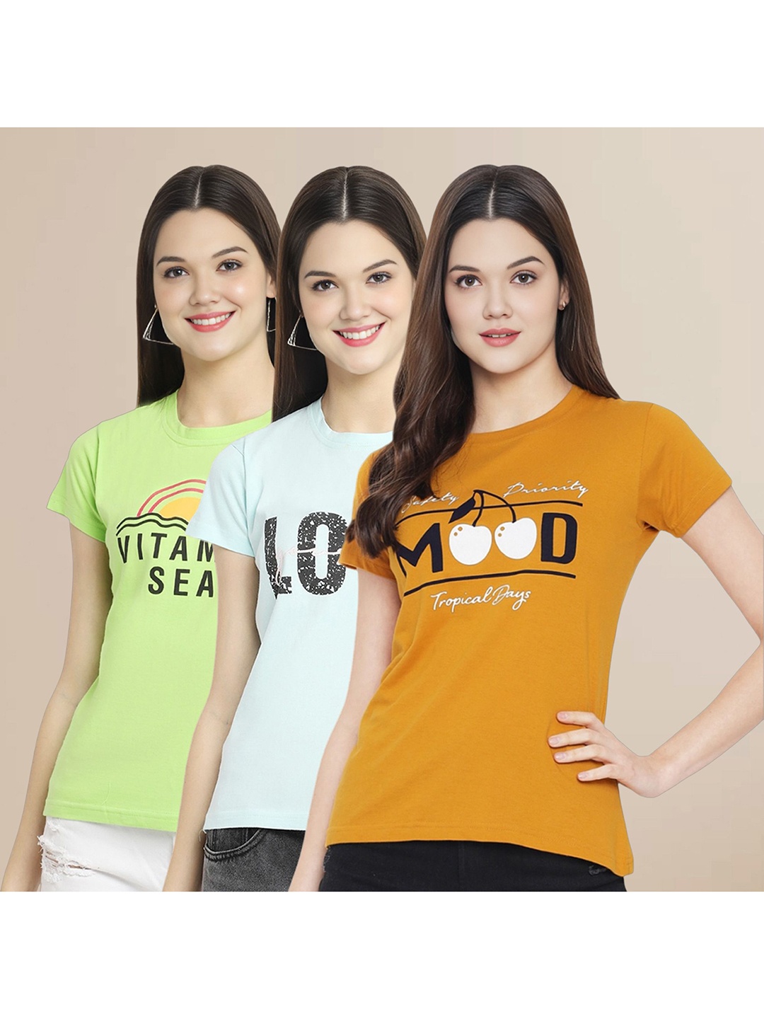 

Metronaut Women Pack Of 3 Typography Printed Round Neck Cotton T-shirts, Yellow
