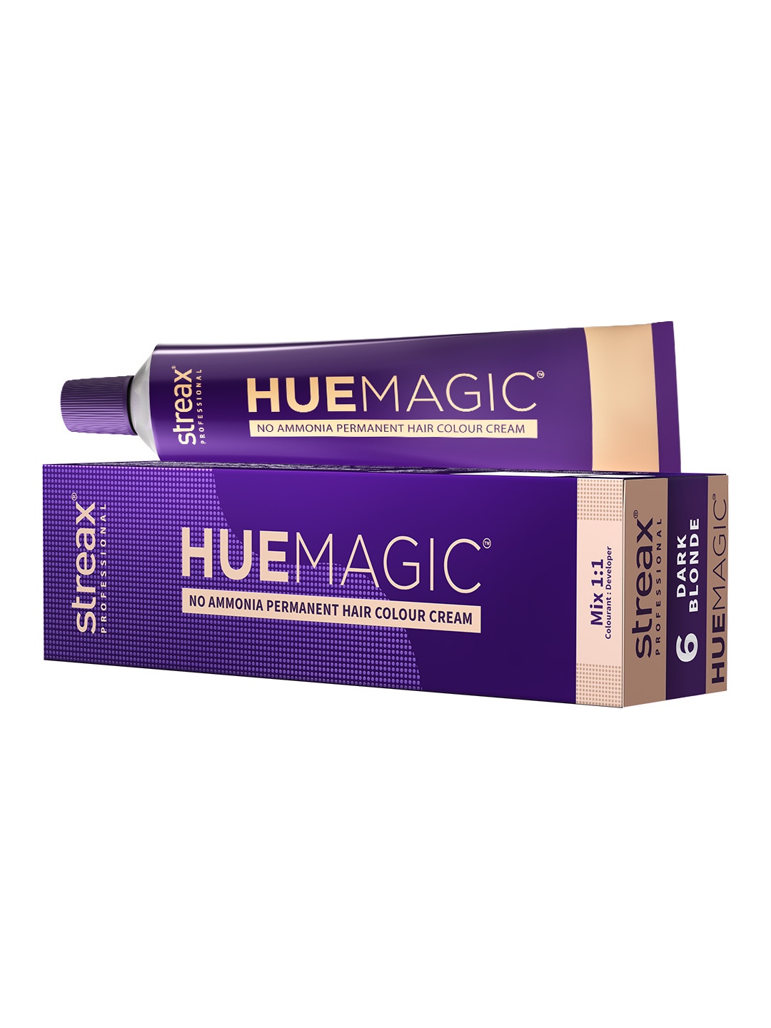 

Streax Professional HueMagic Ammonia Free Permanent Hair Colour Cream 90g - Dark Blonde 6, Gold