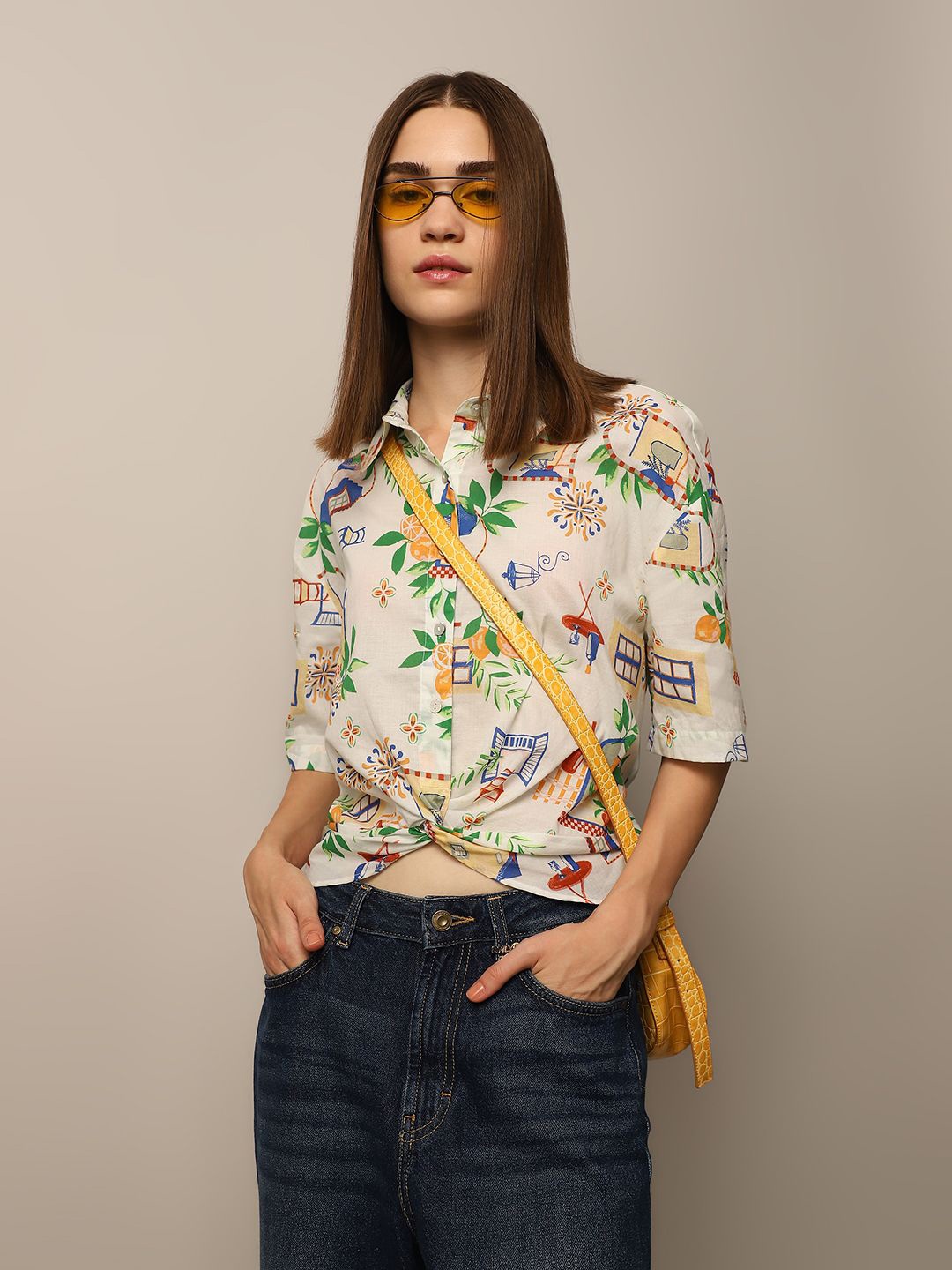 

ONLY Women Spread Collar Conversational Printed Cotton Casual Shirt, Beige