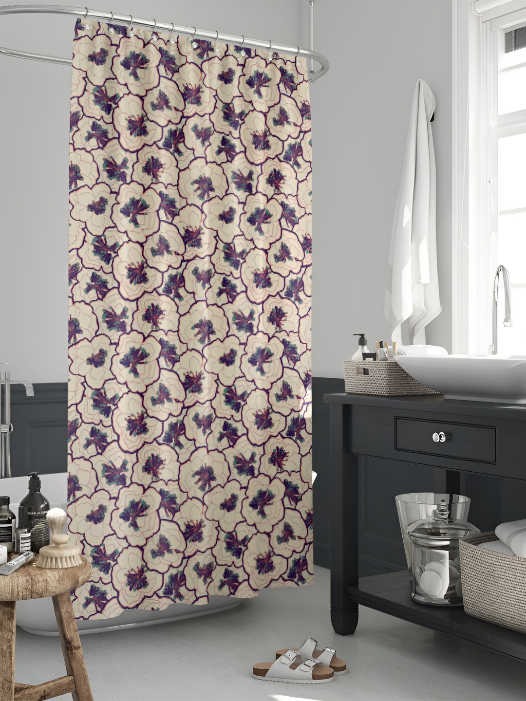 

ArtzFolio Cream Coloured & Violet Printed Waterproof Shower Curtain