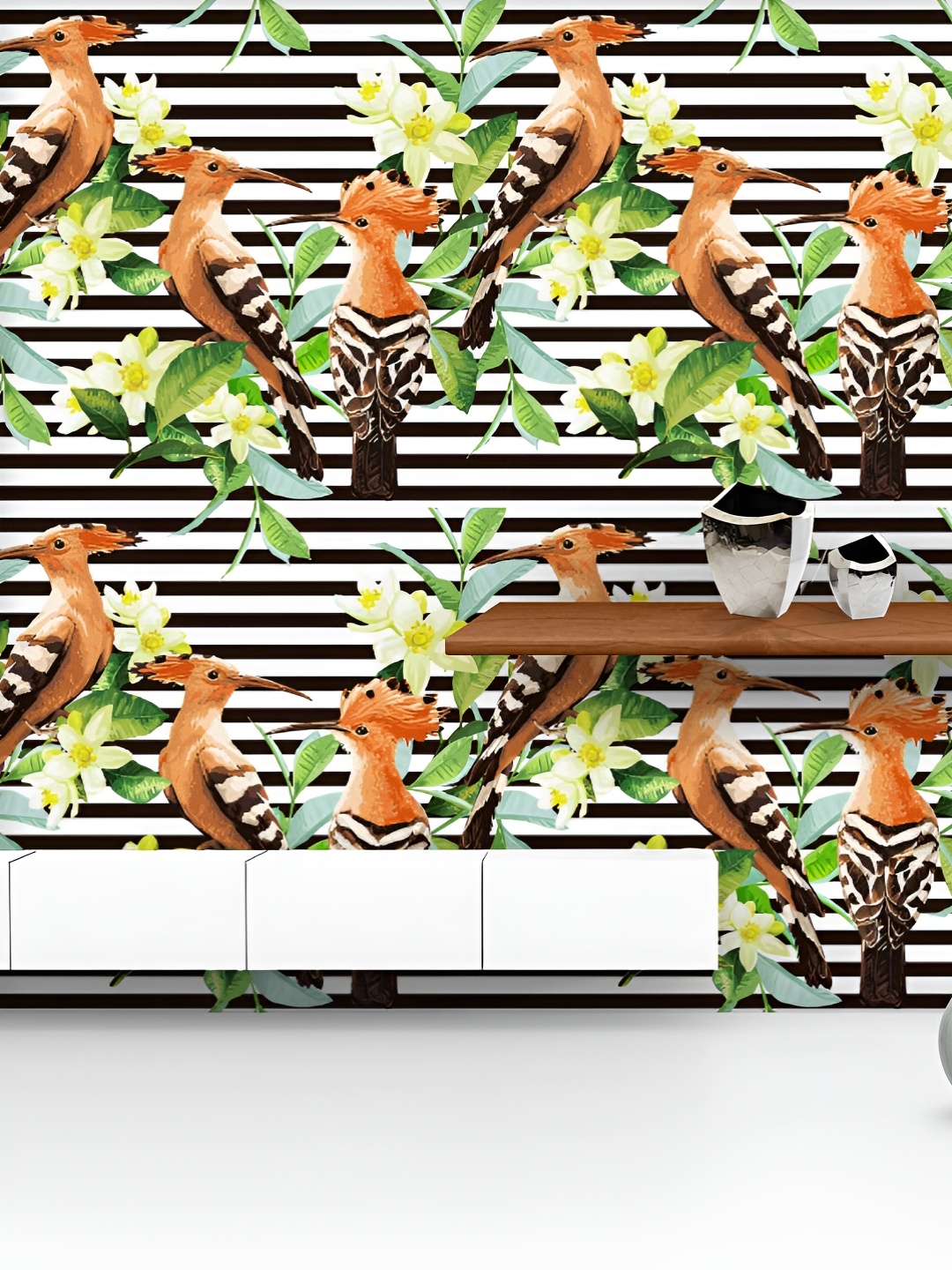 

ArtzFolio Printed UV-Resistant Anti-Bacterial Tropical Birds, Leaves Flowers Peel & Stick Wallpaper, Multi