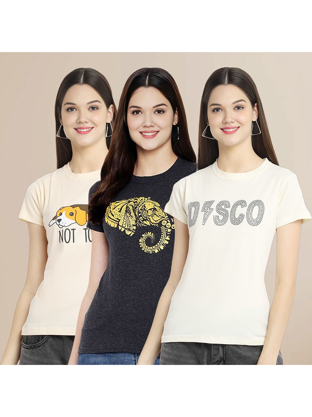 

Metronaut Women Pack Of 3 Typography Printed Round Neck Cotton T-shirts, Cream