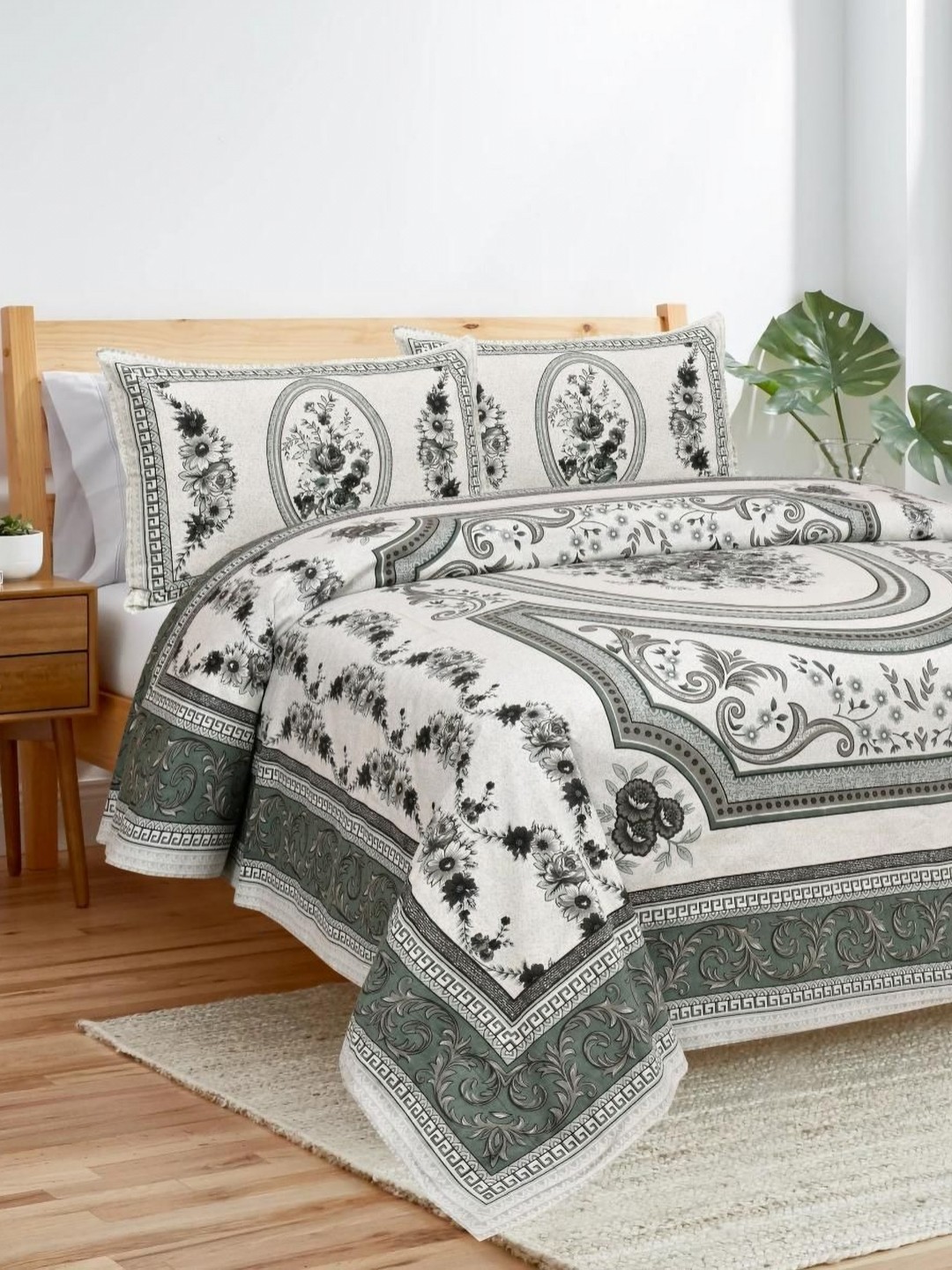 

HOME HEAVENS Cotton White & Teal-Blue Printed Double Bed Sheet