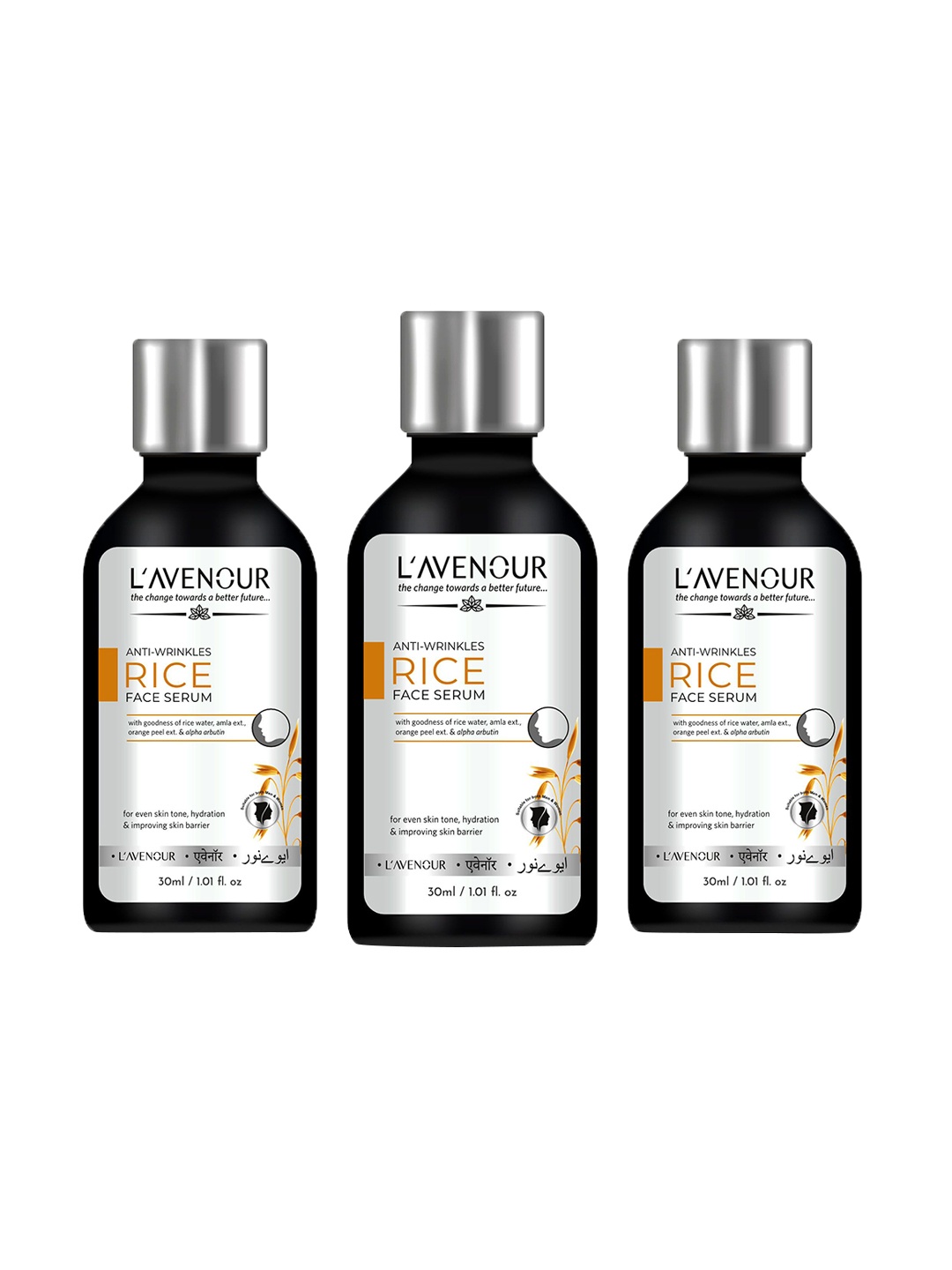 

L'AVENOUR Set Of 3 Anti-Wrinkle Rice Face Serum For Even Skin Tone - 30 ml Each, Transparent