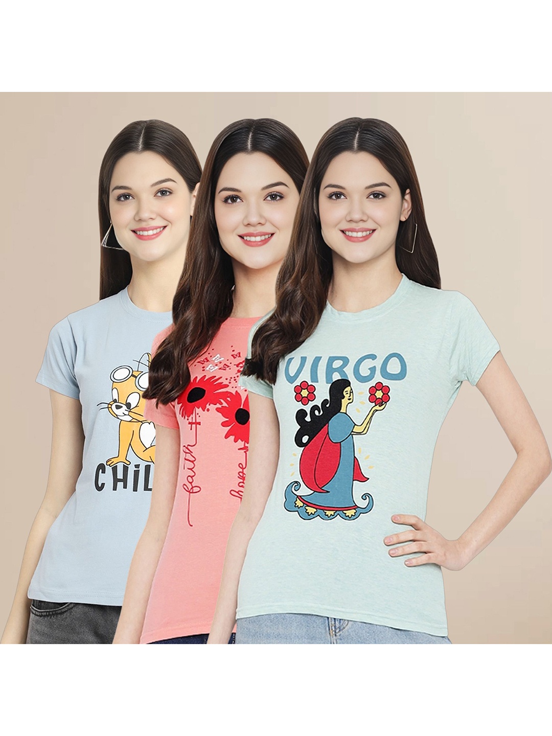 

Metronaut Women Pack Of 3 Graphic Printed Round Neck Cotton Tom & Jerry T-shirts, Blue