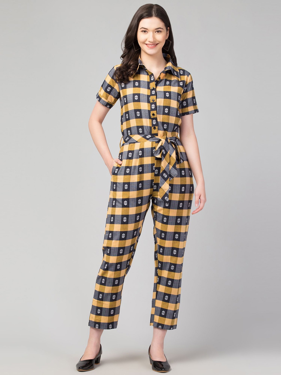 

Zuvino Women Cotton Checked Basic Jumpsuit, Mustard