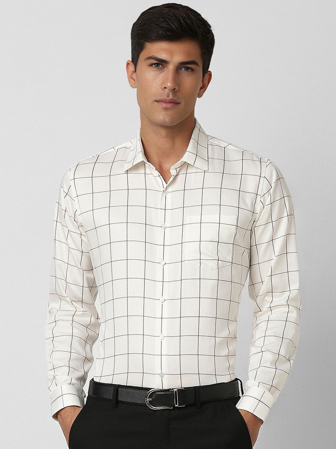 

Van Heusen Men Spread Collar Grid Tattersall Checked Cotton Slim Fit Formal Shirt, Cream