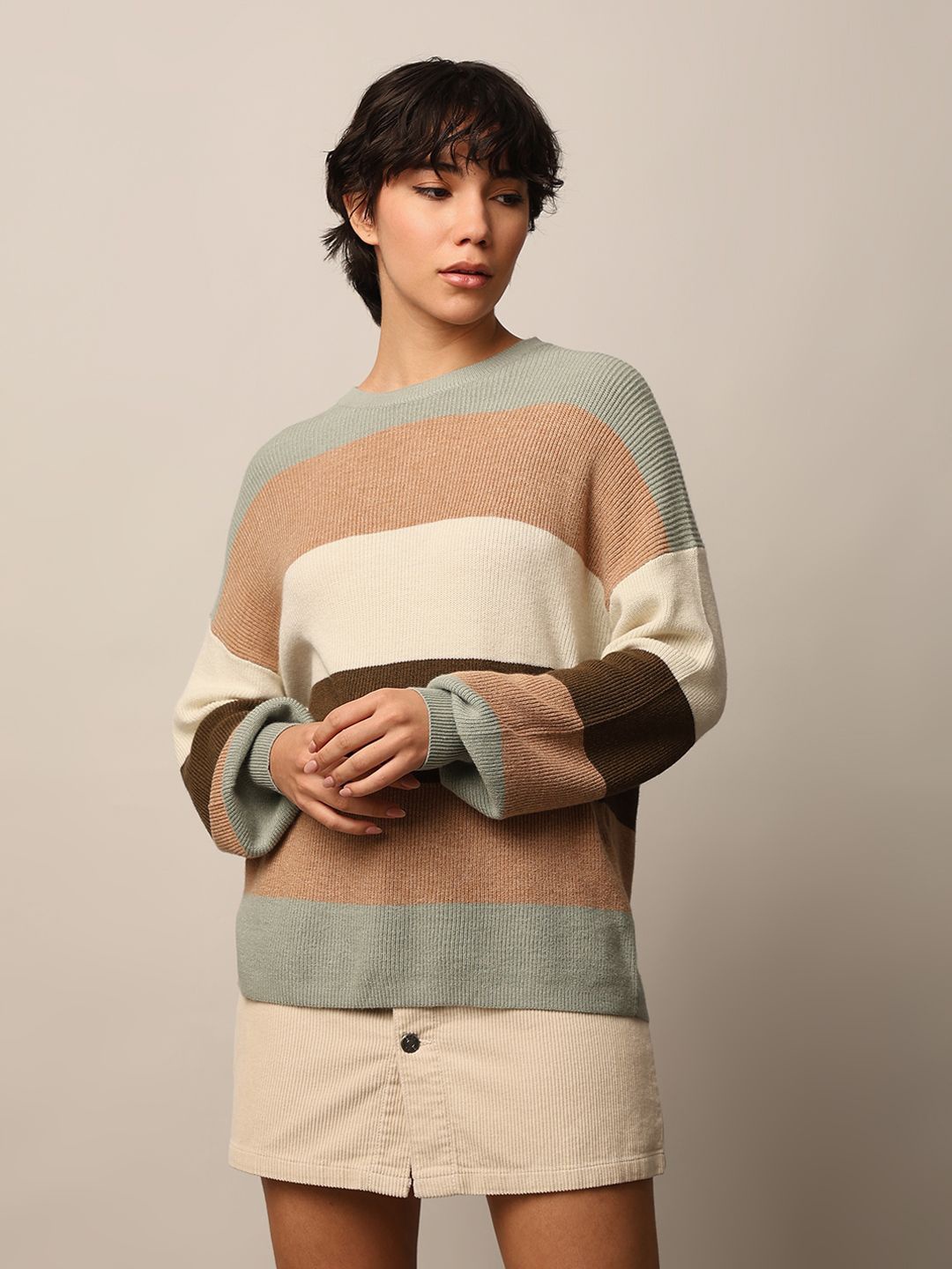 

ONLY Women Colourblocked Round Neck Long Sleeves Pullover Sweater, Brown