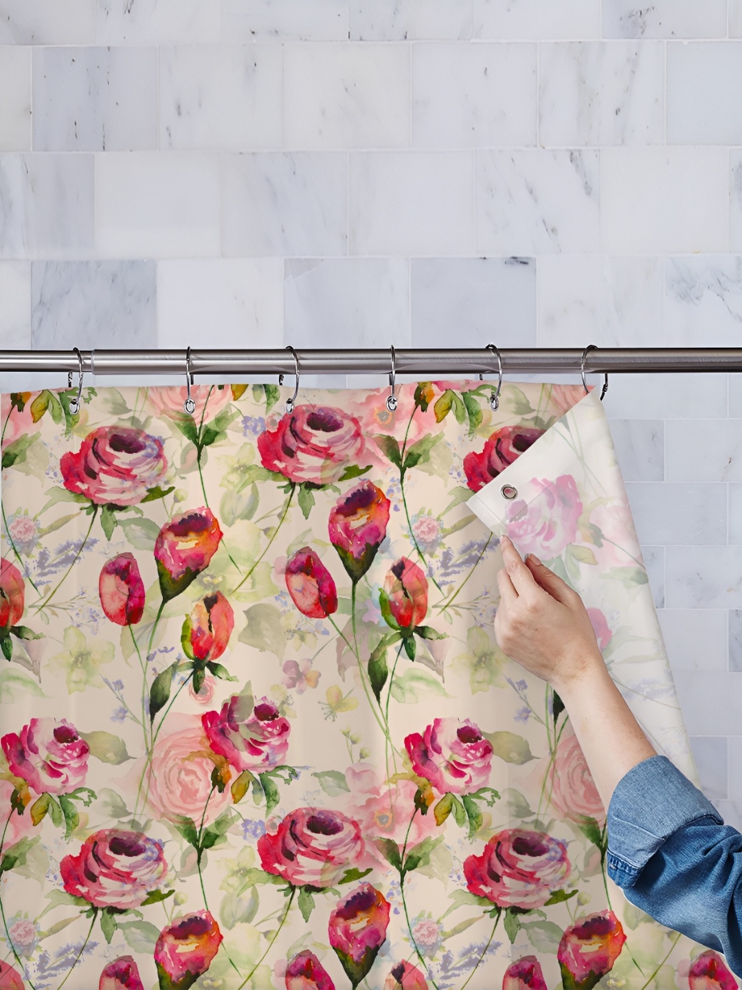 

ArtzFolio Beige & Red Printed Water Proof Shower Curtain