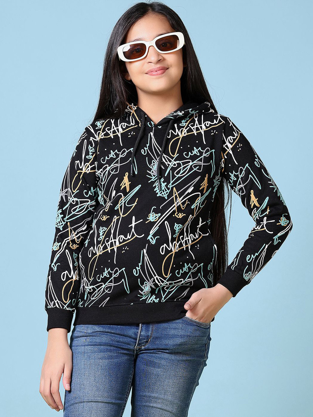 

V-Mart Girls Cotton Printed Hooded Sweatshirt, Black