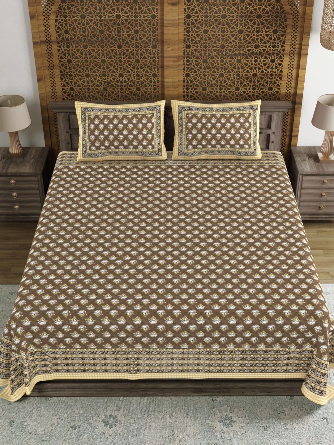 

BLOCKS OF INDIA Brown & White Ethnic Motifs 120 TC King Bedsheet Set 2.18 m x 2.64 m