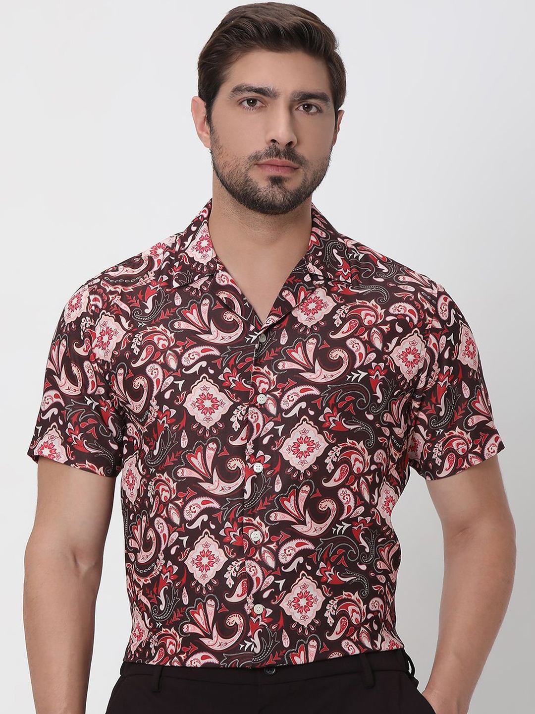 

Mufti Men Cuban Collar Ethnic Motifs Printed Relaxed Fit Casual Shirt, Maroon