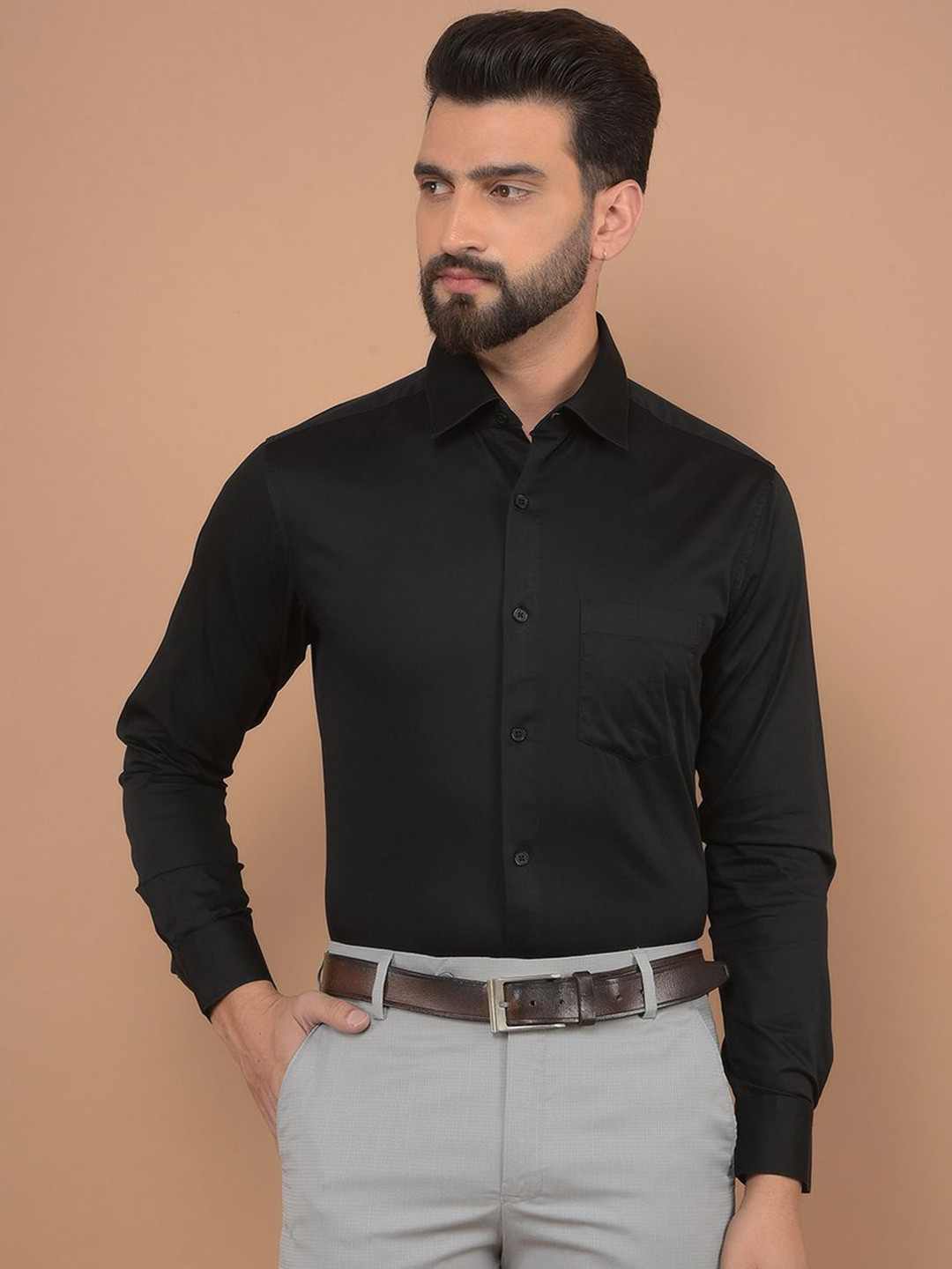 

Canary London Men Smart Spread Collar Solid Satin Slim Fit Formal Shirt, Black