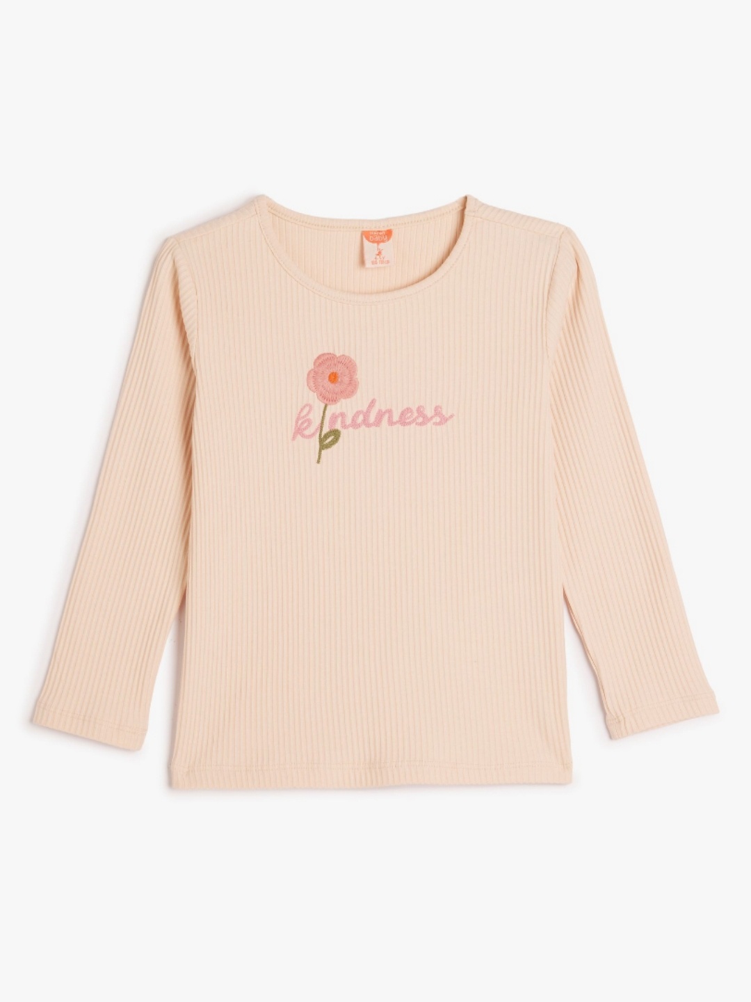 

Koton Girls Typography Embroidered Round Neck Cotton T-shirt, Peach