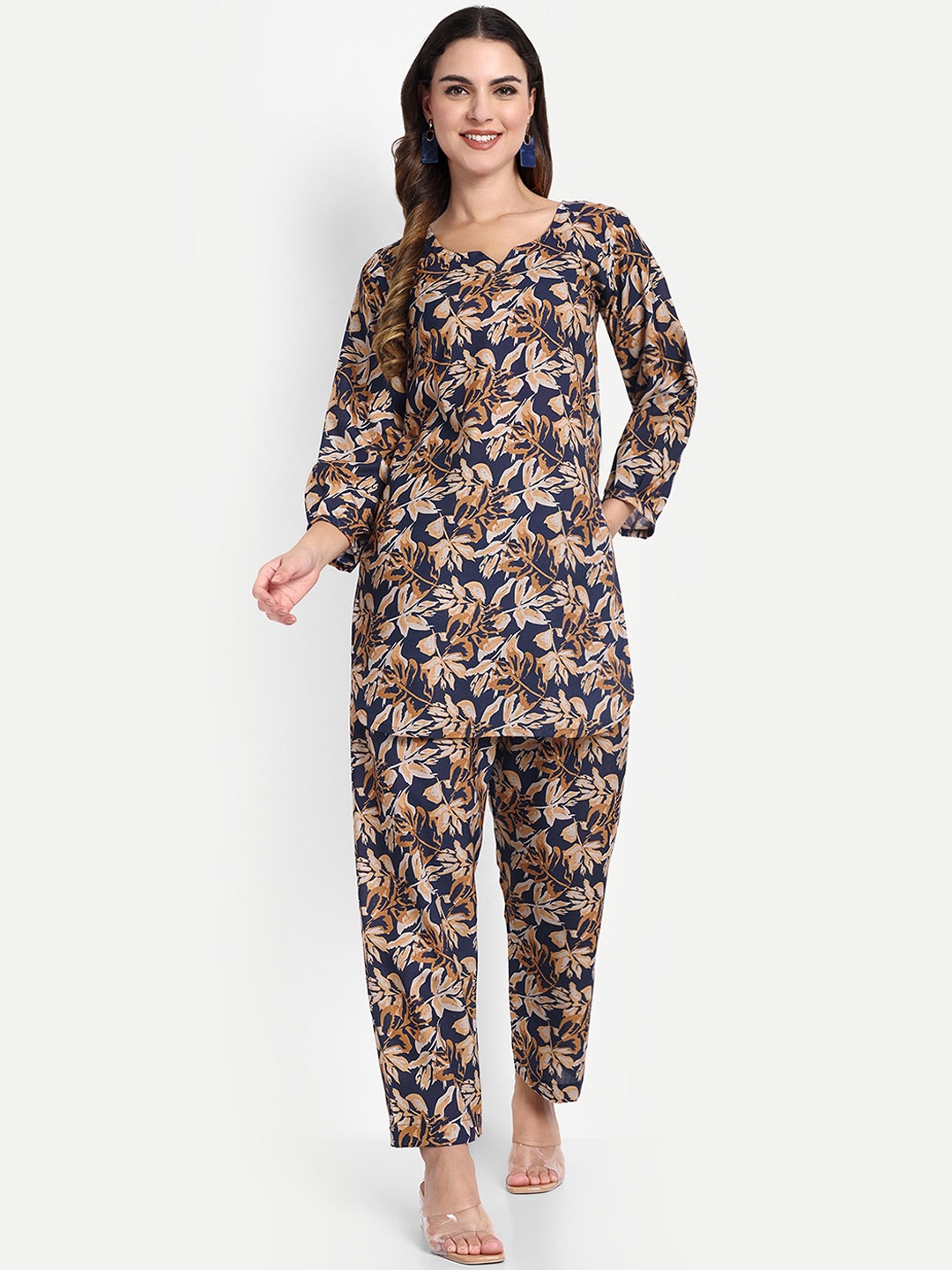 

TILISM Floral Printed Round Neck Three-Quarter Sleeves Pure Cotton Top With Trouser, Brown
