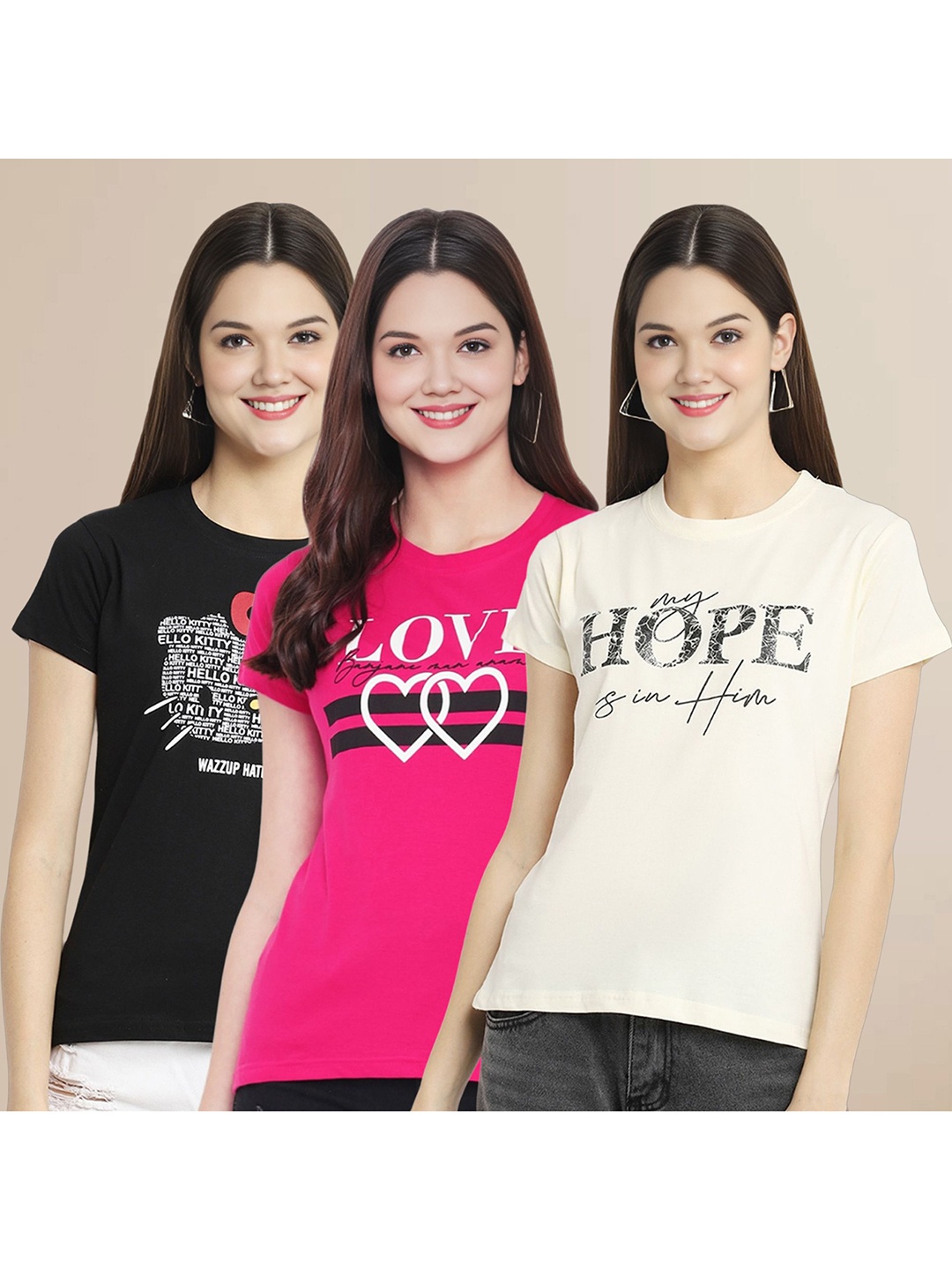 

Metronaut Women Pack Of 3 Typography Printed Round Neck Cotton T-shirts, Black