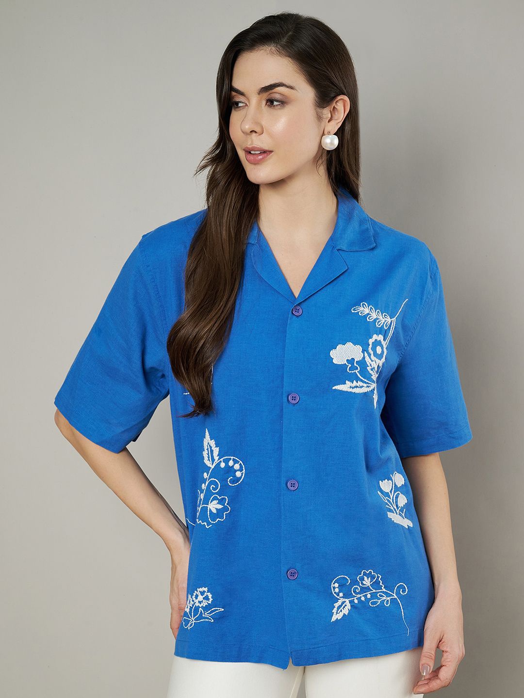 

Amagyaa Women Cuban Collar Floral Printed Cotton Oversized Casual Shirt, Blue