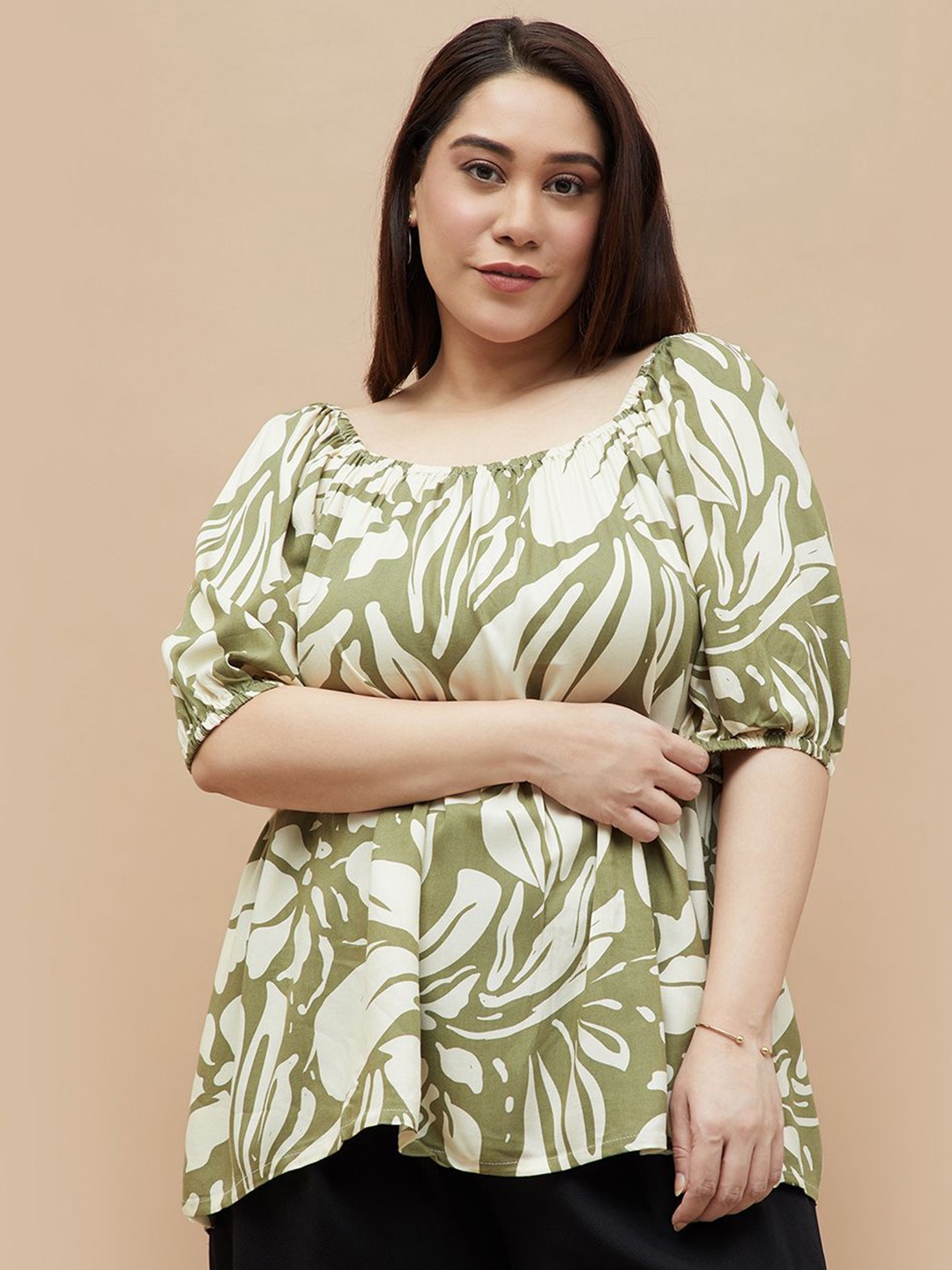 

Nexus by Lifestyle Women Plus Size Tropical Printed Square Neck Top, Green