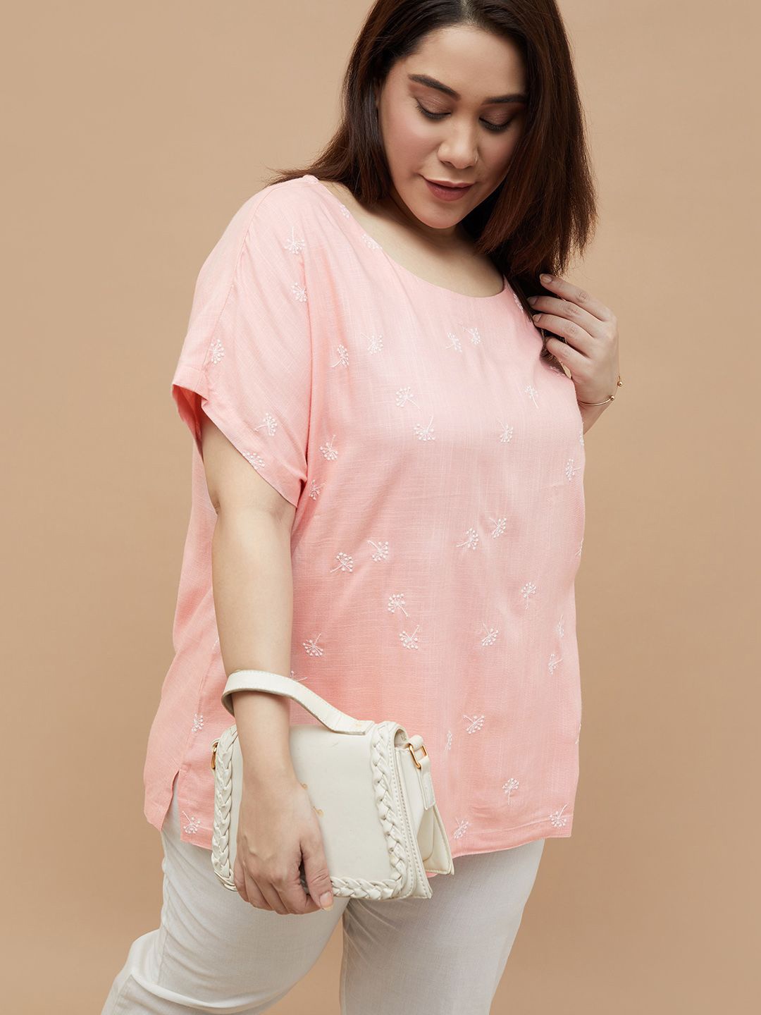 

Nexus by Lifestyle Women Round Neck Floral Embroidered Extended Sleeves Top, Pink