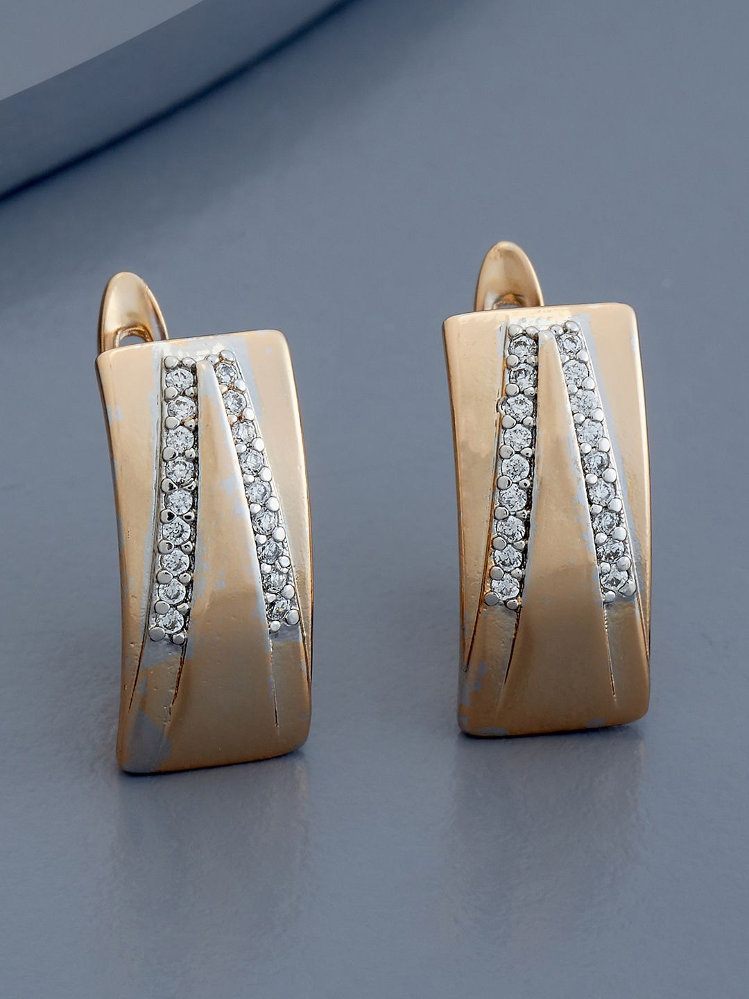 

Kushal's Fashion Jewellery Rhodium Gold -Plated Zircon Studded Geometric Hoop Earrings, Silver