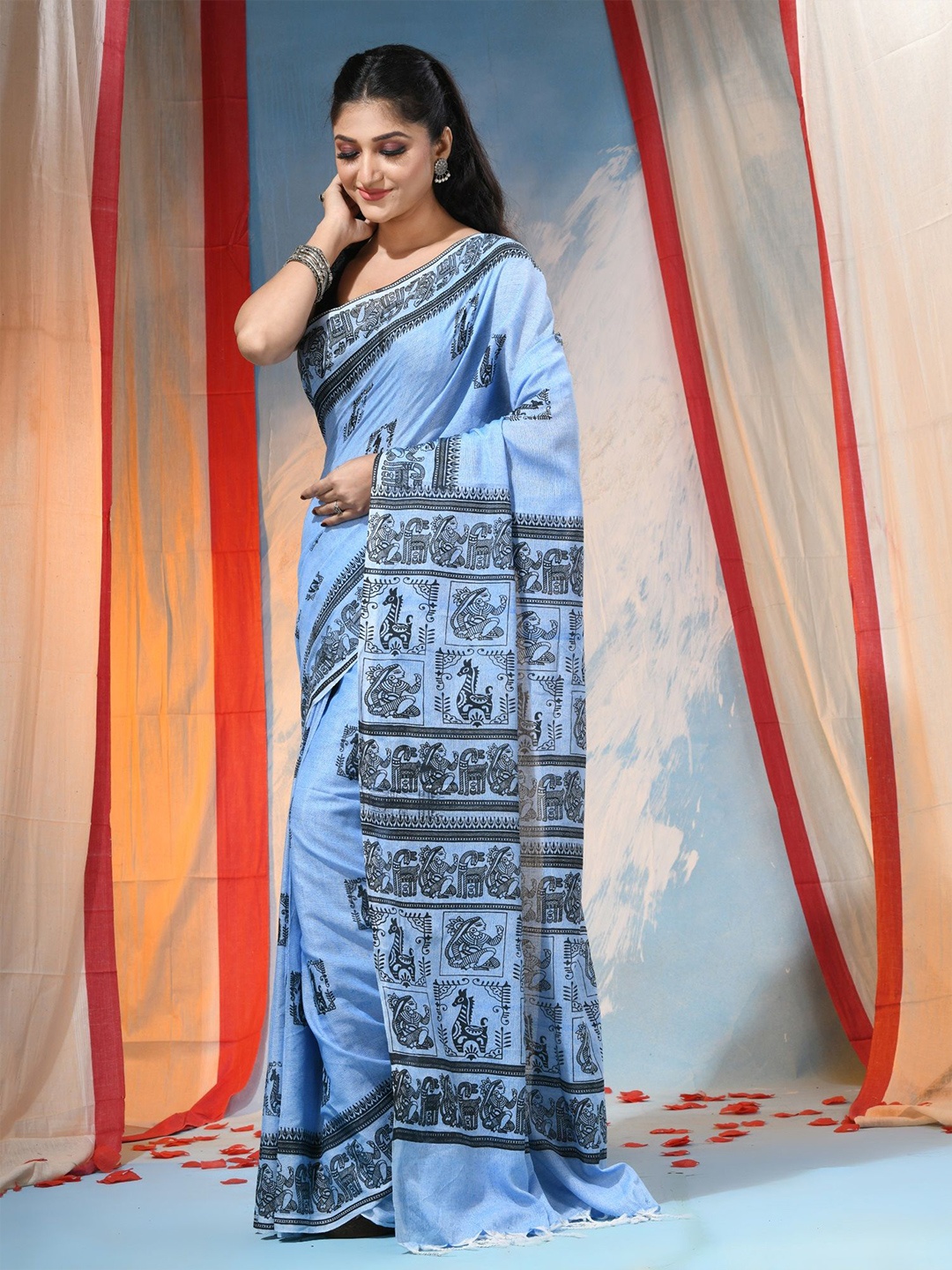 

DESH BIDESH Ethnic Motifs Woven Design Pure Cotton Saree, Blue